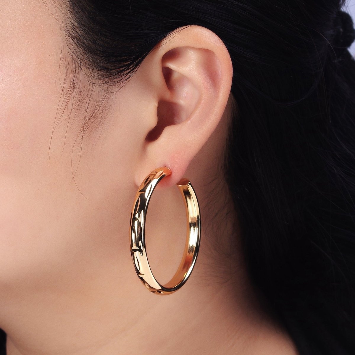 16K Gold Filled 50mm Dented Edge Line Rounded Hoop Earrings in Gold & Silver | AE545 AE546
