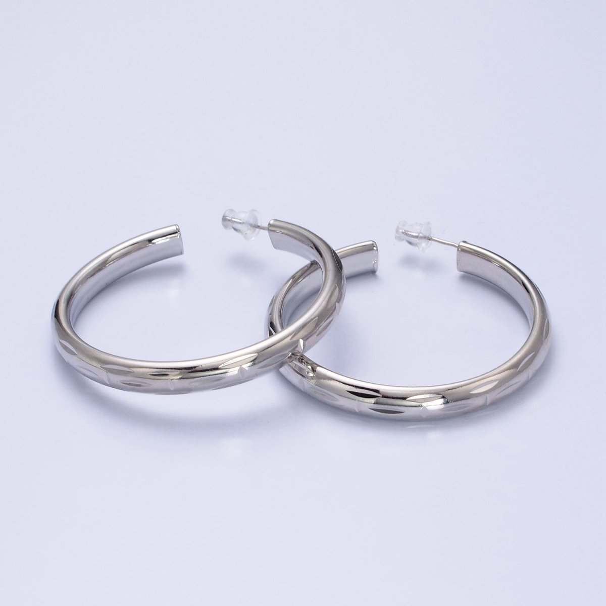 16K Gold Filled 50mm Dented Edge Line Rounded Hoop Earrings in Gold & Silver | AE545 AE546