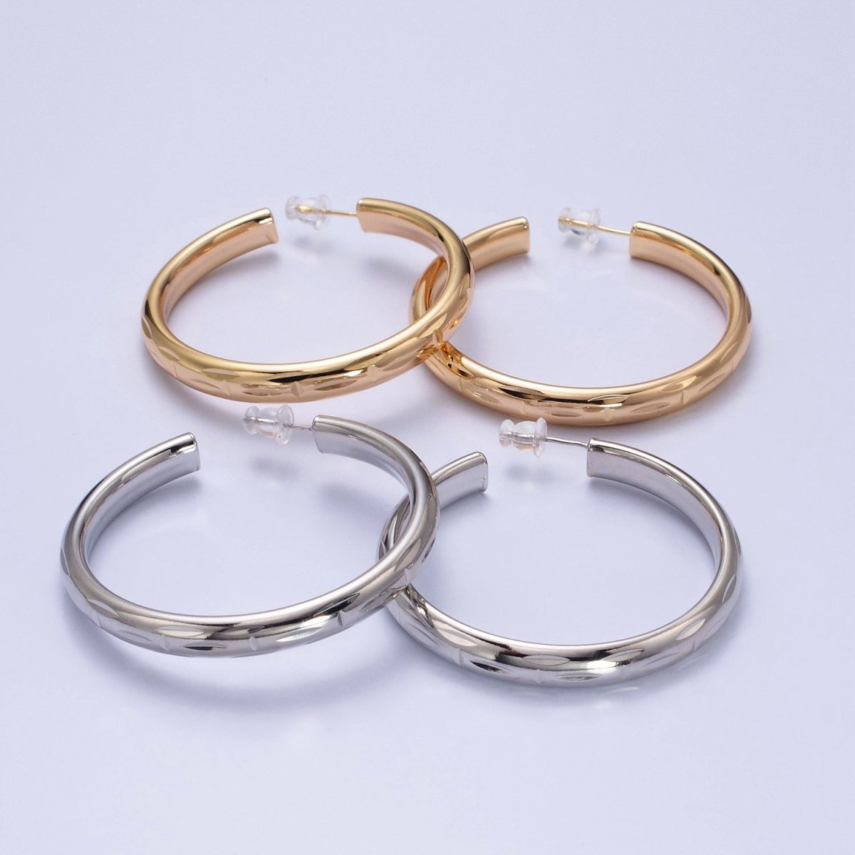 16K Gold Filled 50mm Dented Edge Line Rounded Hoop Earrings in Gold & Silver | AE545 AE546