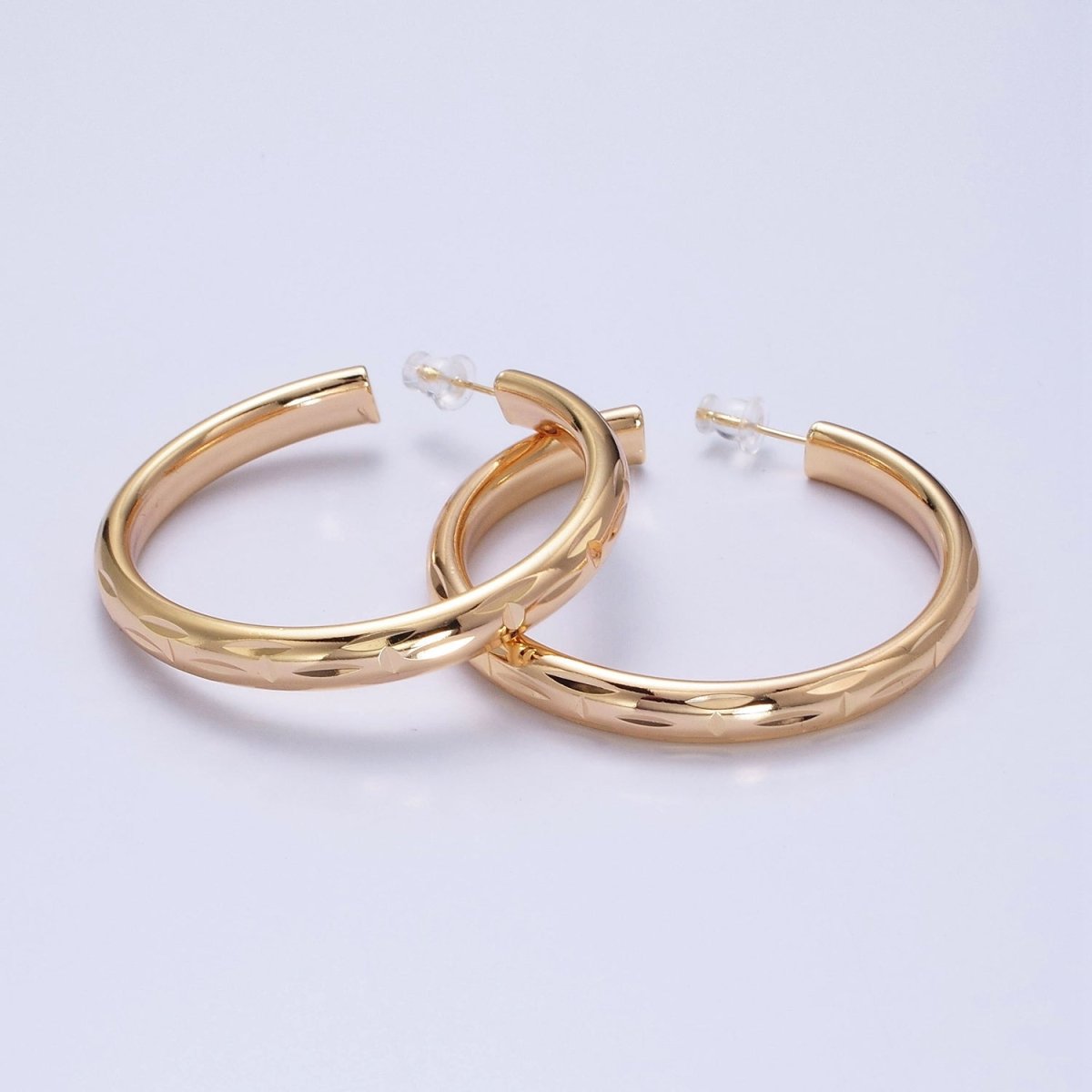 16K Gold Filled 50mm Dented Edge Line Rounded Hoop Earrings in Gold & Silver | AE545 AE546