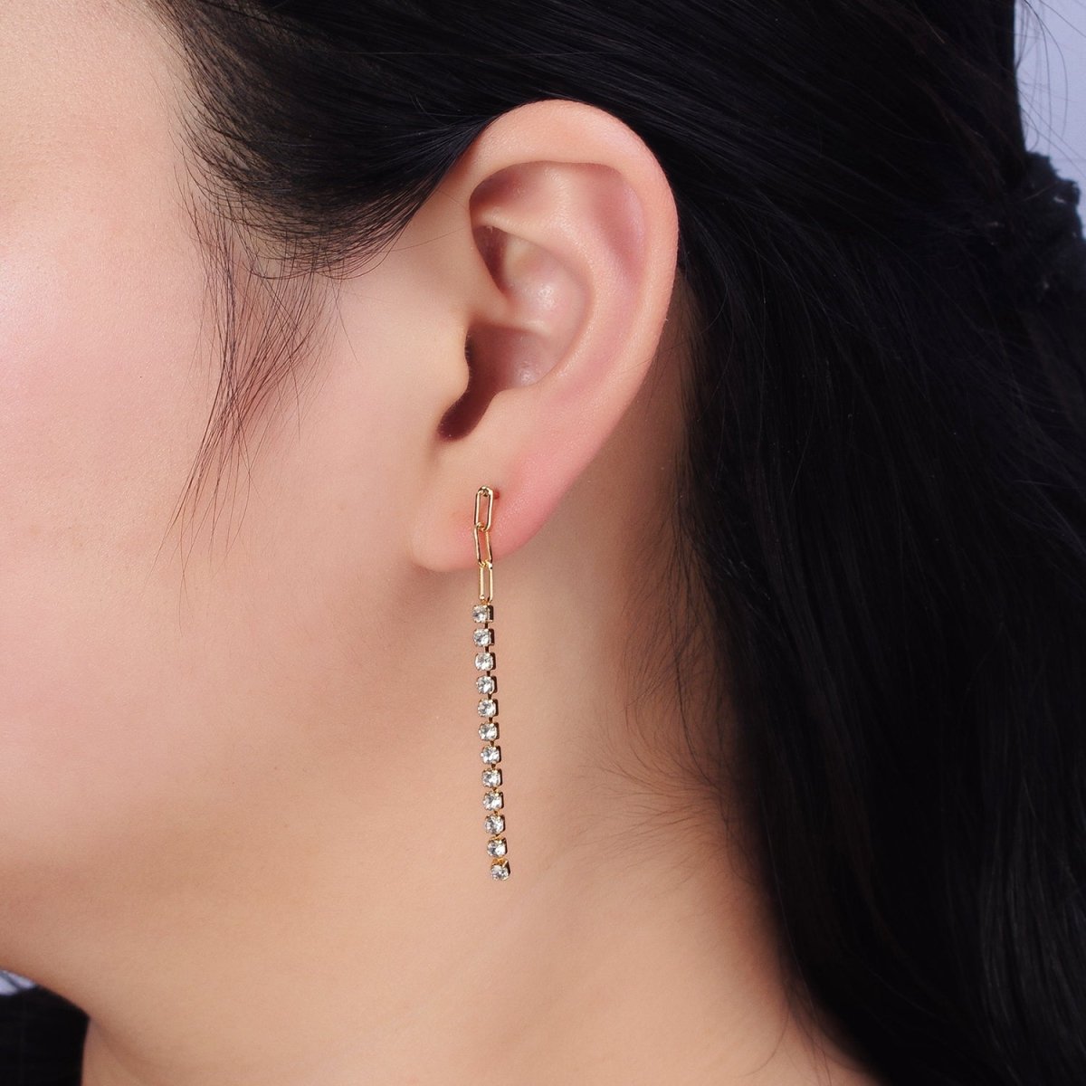 16K Gold Filled 52.5mm Triple Paperclip Link Clear Tennis CZ Chain Linear Drop Stud Earrings | AB386 - DLUXCA