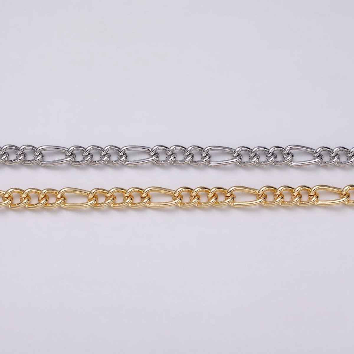 16K Gold Plated 5.3mm Figaro Unfinished Chain by Yard in Gold & Silver | ROLL-1233 ROLL-1234 Clearance Pricing