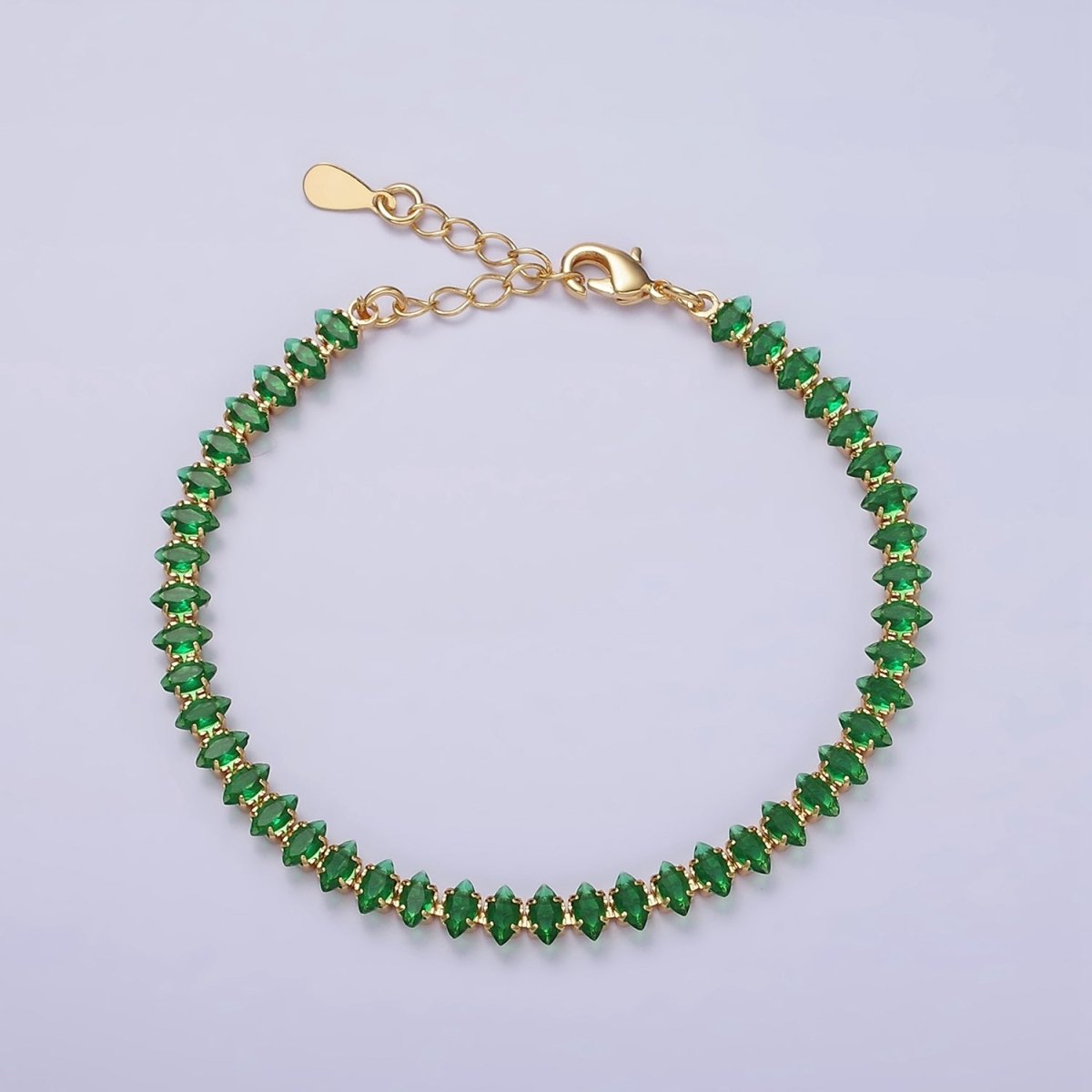 16K Gold Filled 5mm Clear, Green, Black & White, Black, Pink CZ Marquise Tennis 6.5 Inches with Extender | WA-1834 - WA-1839 Clearance Pricing