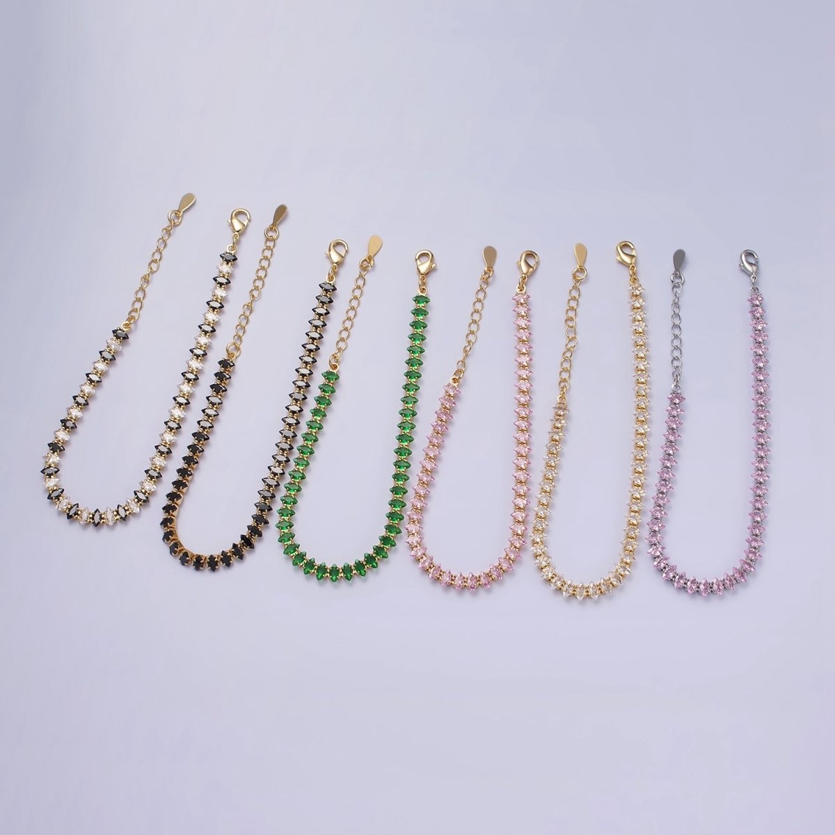 16K Gold Filled 5mm Clear, Green, Black & White, Black, Pink CZ Marquise Tennis 6.5 Inches with Extender | WA-1834 - WA-1839 Clearance Pricing
