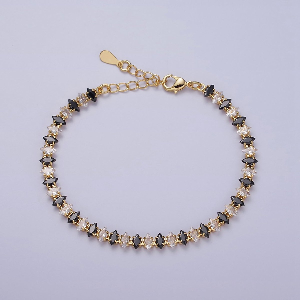 16K Gold Filled 5mm Clear, Green, Black & White, Black, Pink CZ Marquise Tennis 6.5 Inches with Extender | WA-1834 - WA-1839 Clearance Pricing