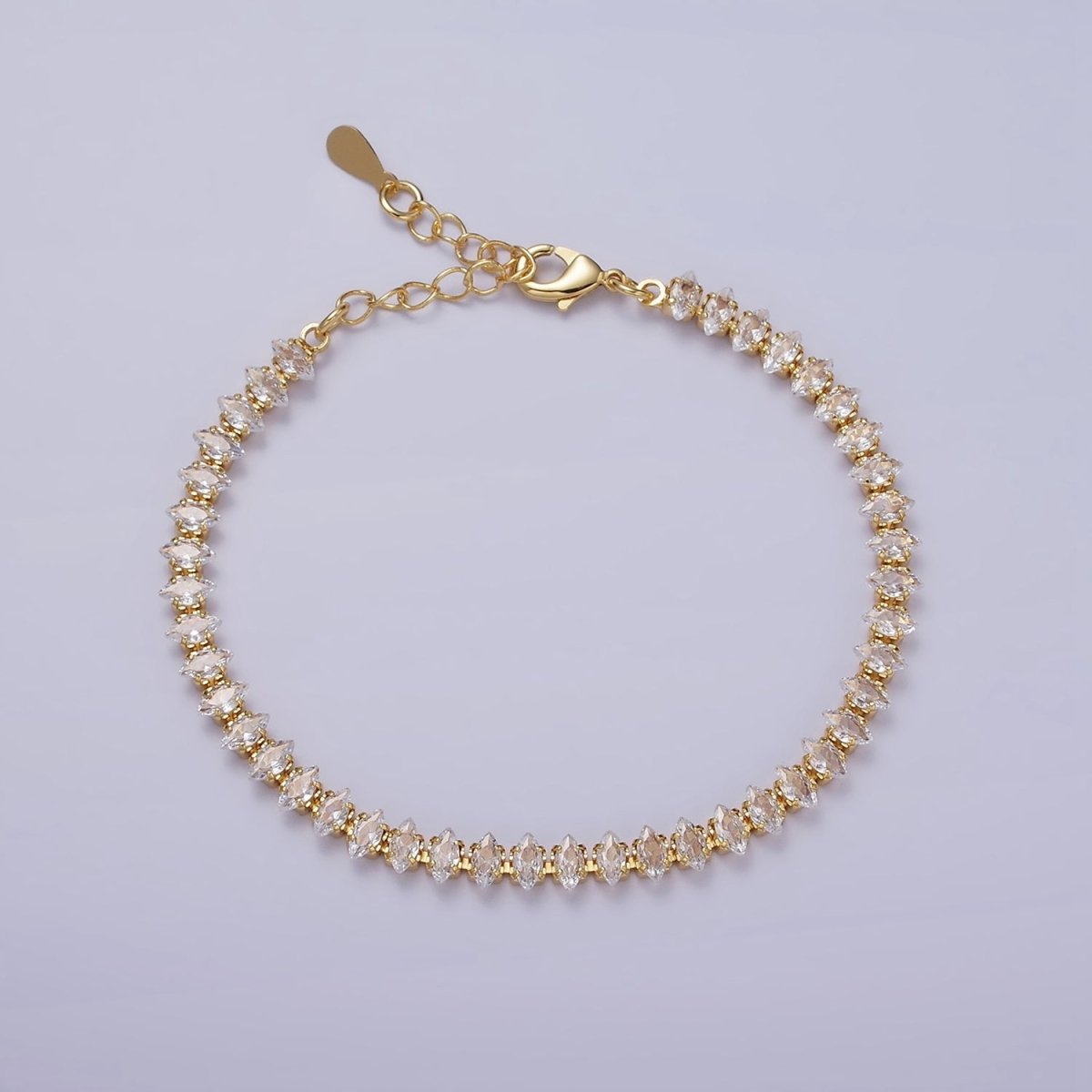16K Gold Filled 5mm Clear, Green, Black & White, Black, Pink CZ Marquise Tennis 6.5 Inches with Extender | WA-1834 - WA-1839 Clearance Pricing