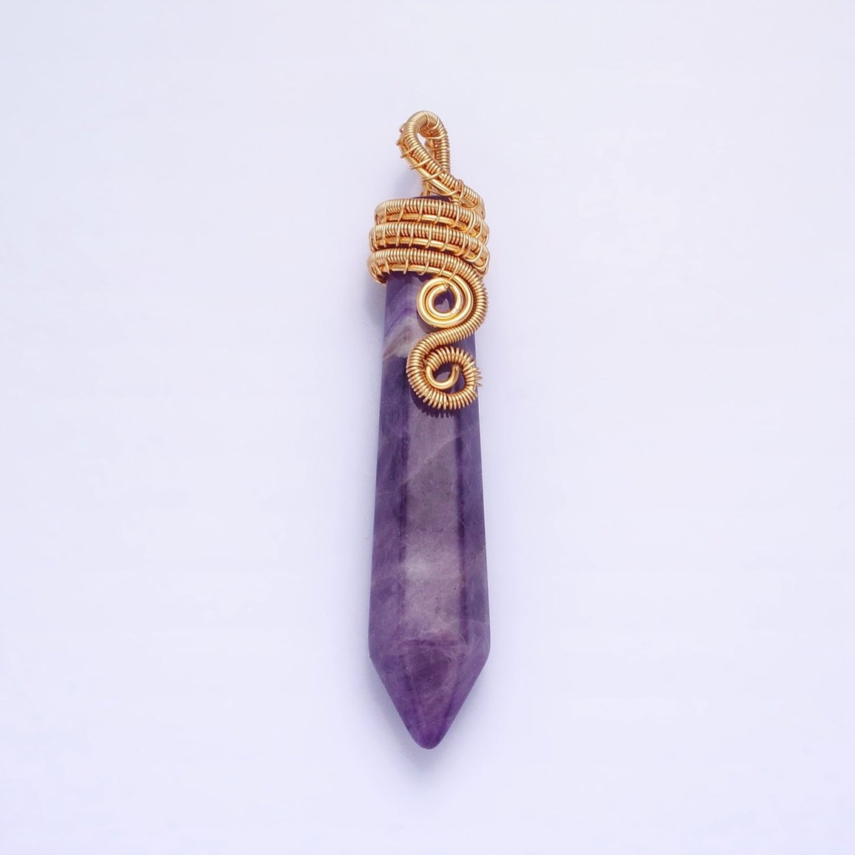 16K Gold Filled 60mm Circular Wired Amethyst Natural Gemstone Pointed Wand Pendant | AA531