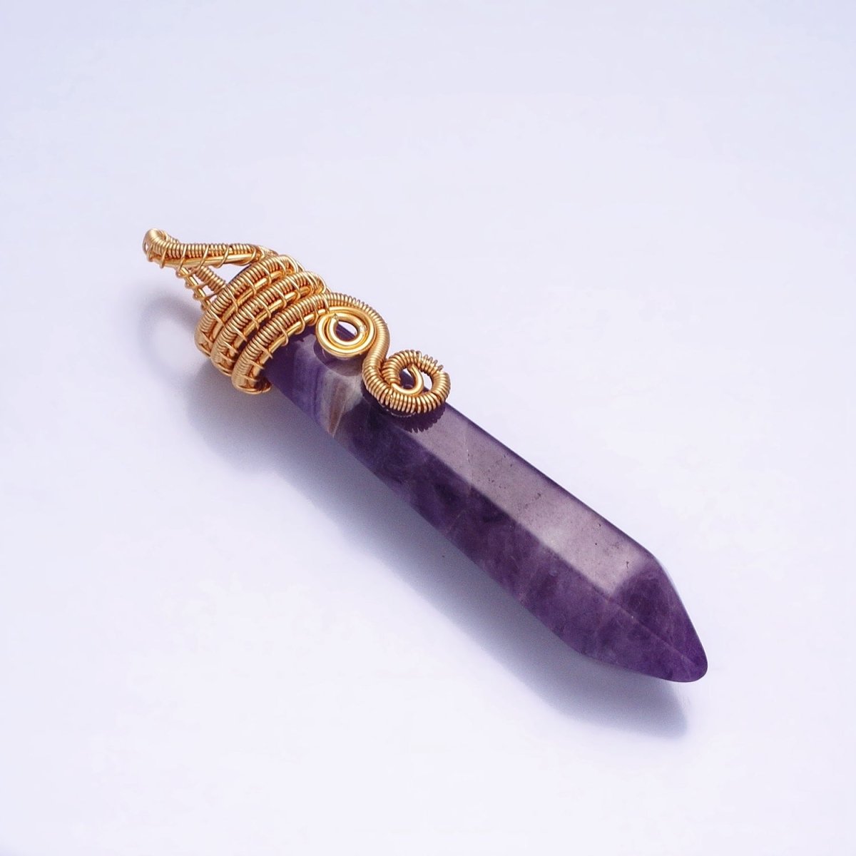 16K Gold Filled 60mm Circular Wired Amethyst Natural Gemstone Pointed Wand Pendant | AA531