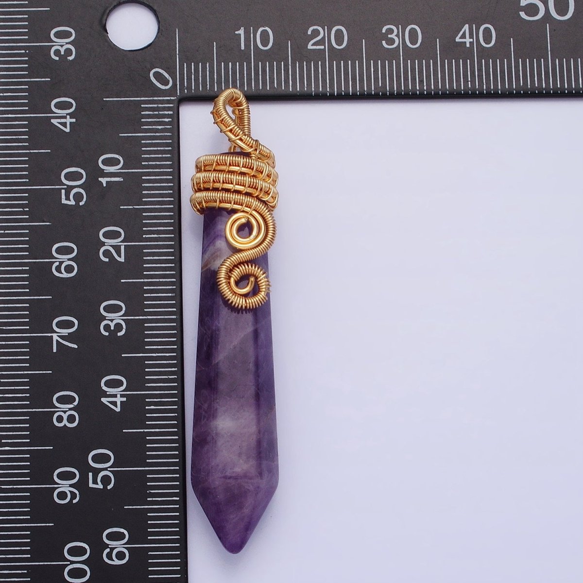 16K Gold Filled 60mm Circular Wired Amethyst Natural Gemstone Pointed Wand Pendant | AA531