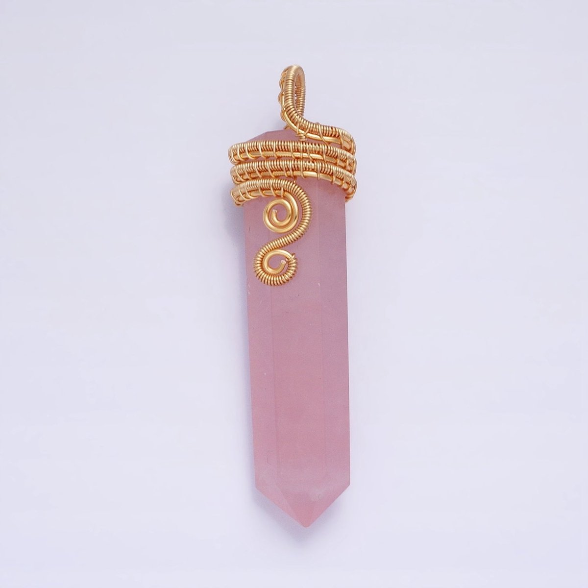 16K Gold Filled 60mm Circular Wired Rose Quartz Natural Gemstone Pointed Wand Pendant | AA225
