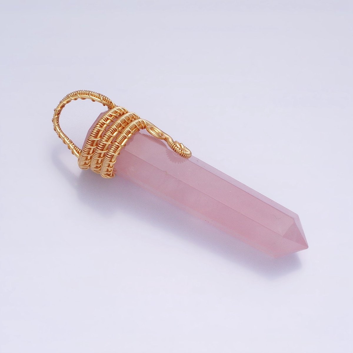 16K Gold Filled 60mm Circular Wired Rose Quartz Natural Gemstone Pointed Wand Pendant | AA225