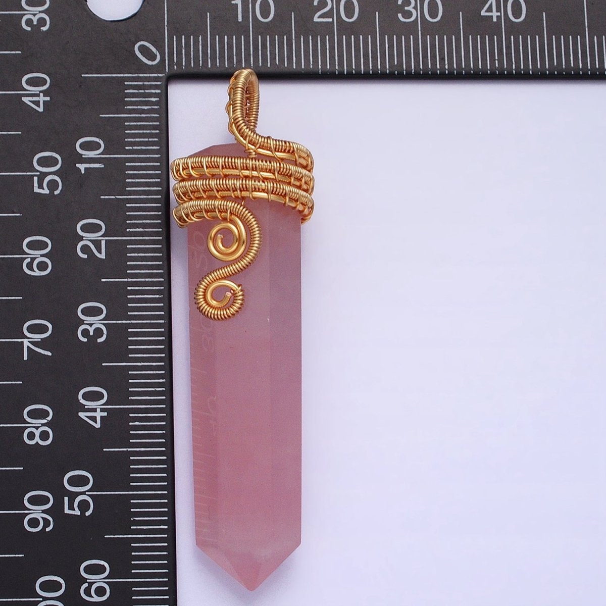 16K Gold Filled 60mm Circular Wired Rose Quartz Natural Gemstone Pointed Wand Pendant | AA225