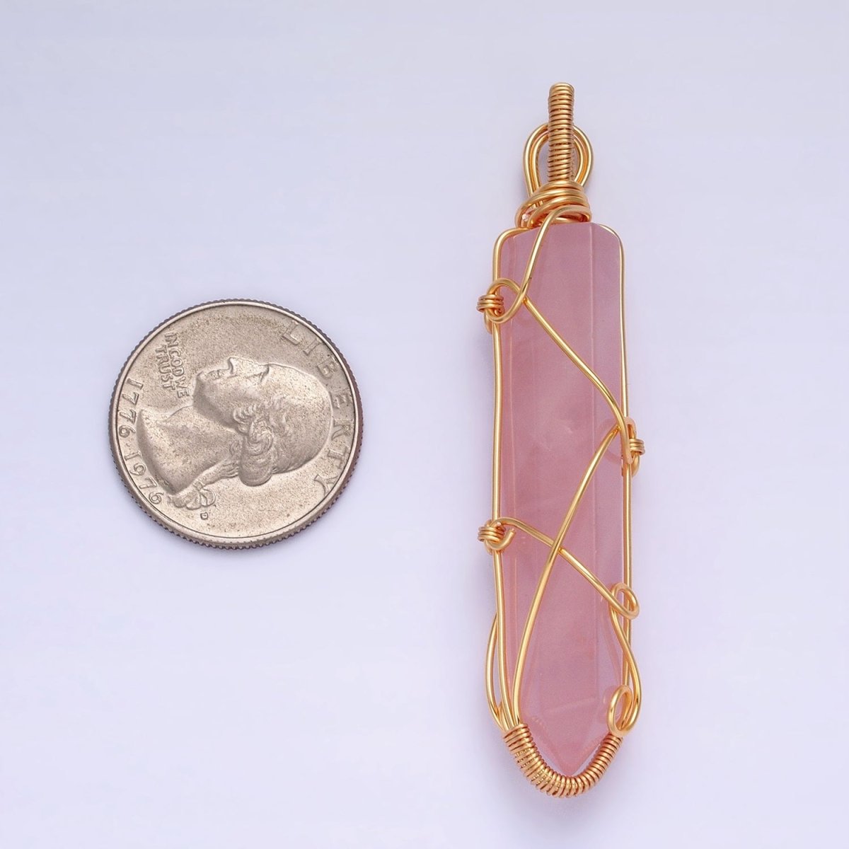 16K Gold Filled 66.5mm Wired Rose Quartz Natural Gemstone Pointed Wand Pendant | AA224 - DLUXCA
