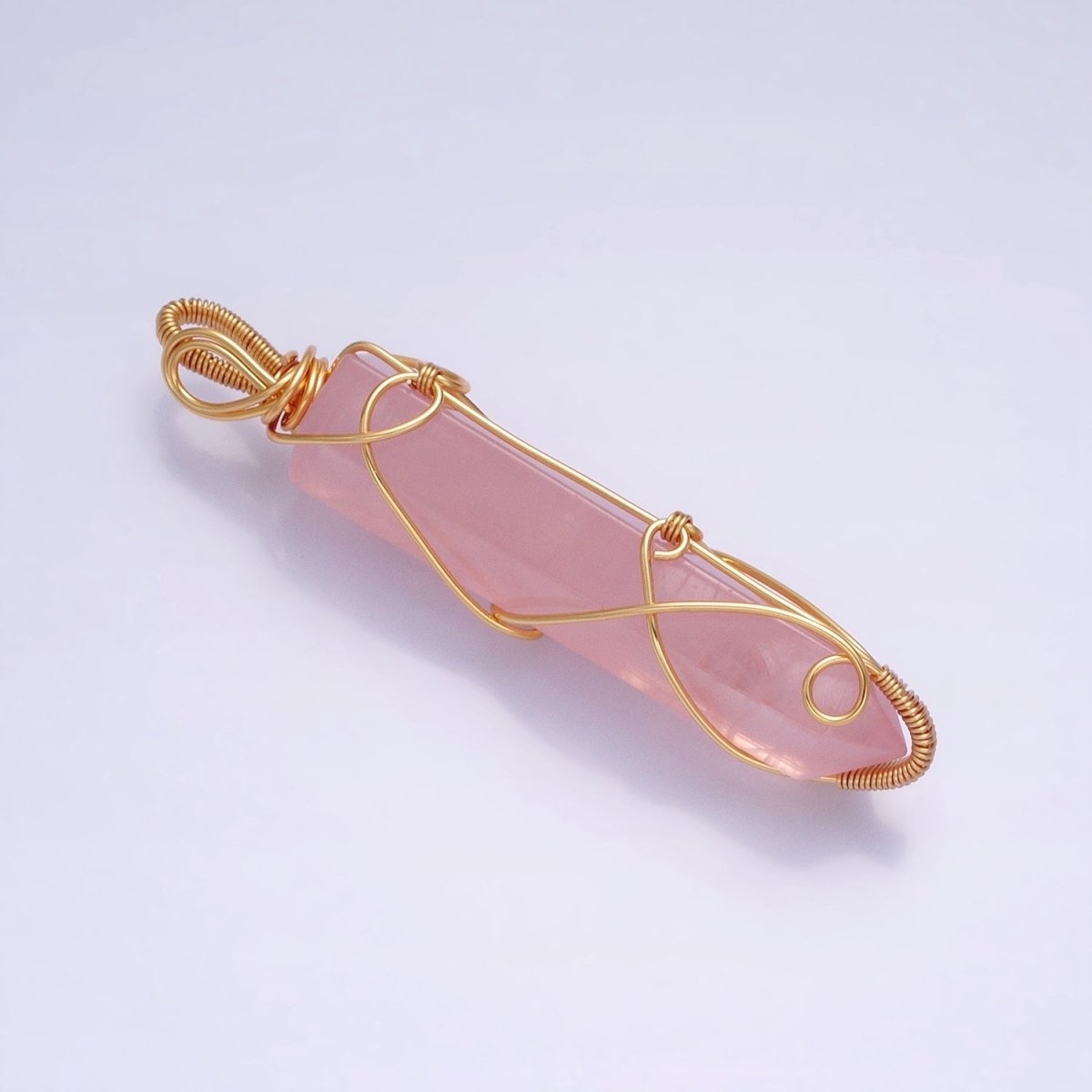 16K Gold Filled 66.5mm Wired Rose Quartz Natural Gemstone Pointed Wand Pendant | AA224 - DLUXCA