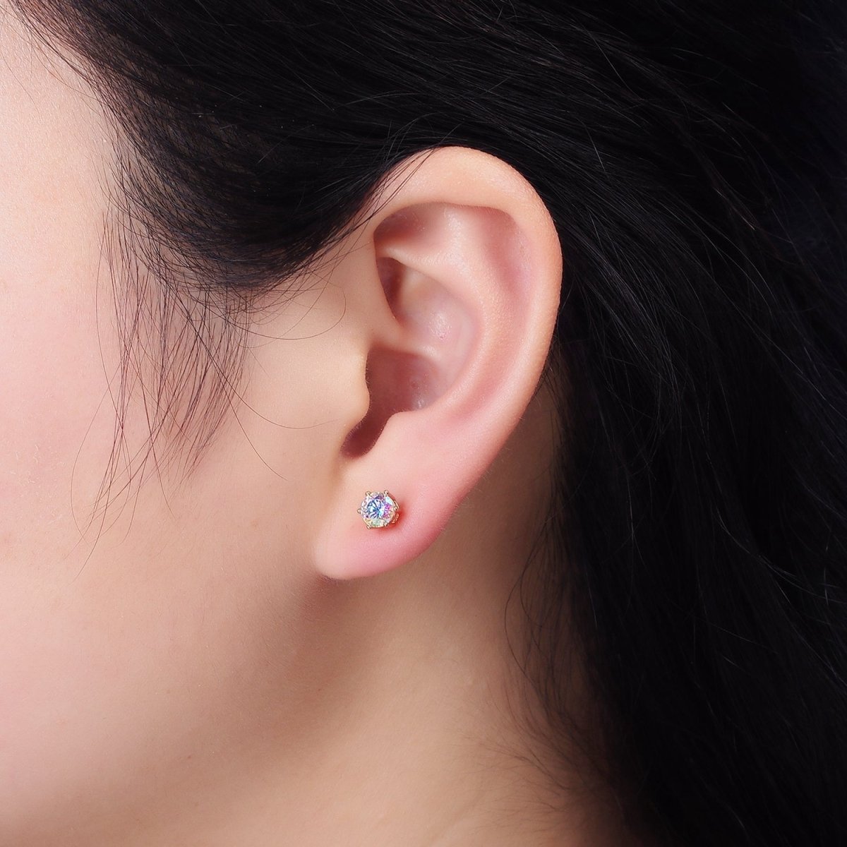 16K Gold Filled 6mm Round Iridescent AB CZ Stud Earrings | AE816 - DLUXCA