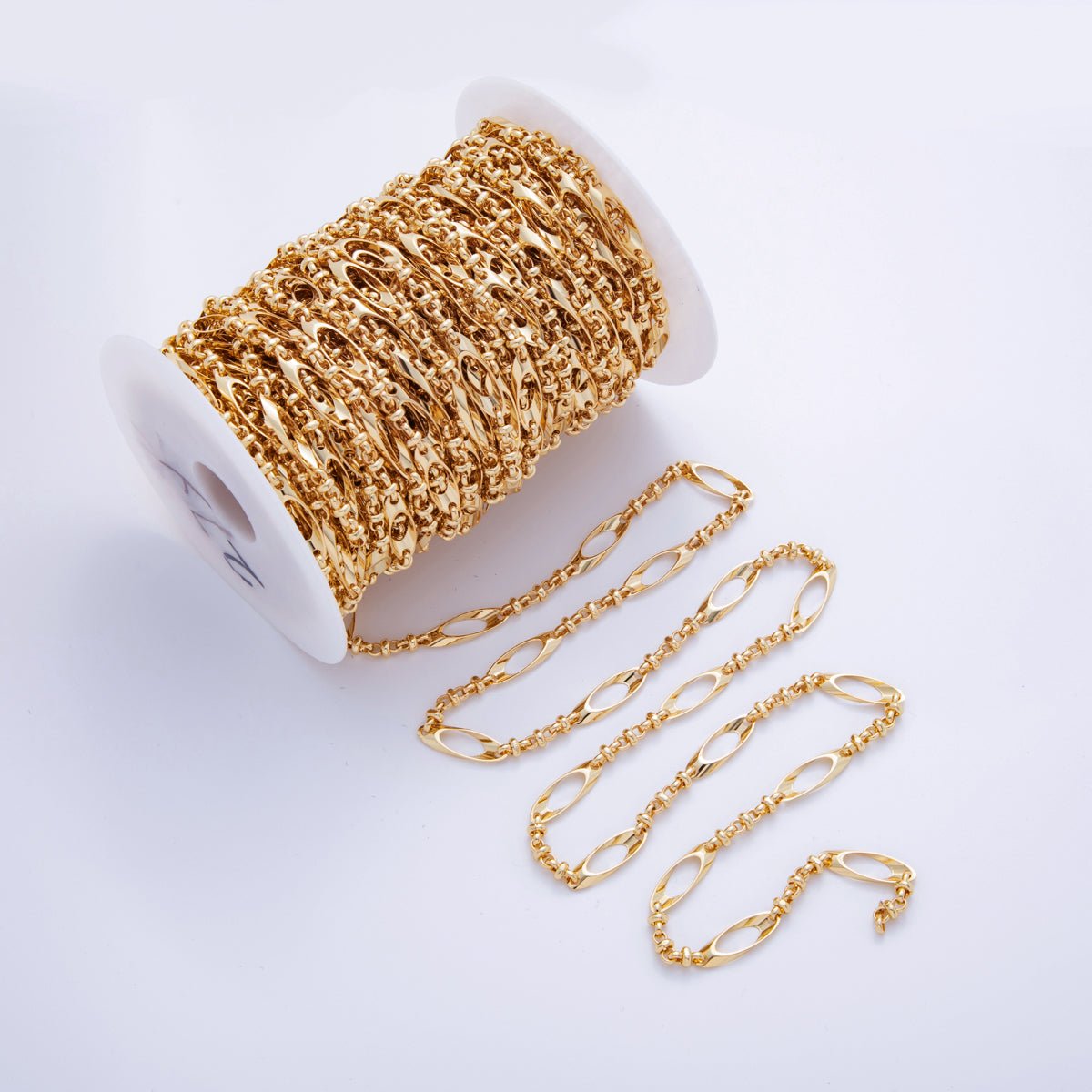 16K Gold Filled 8mm Geometric Curved Oblong Figure Eight Link Unfinished Chain by Yard | Roll - 1566 - DLUXCA