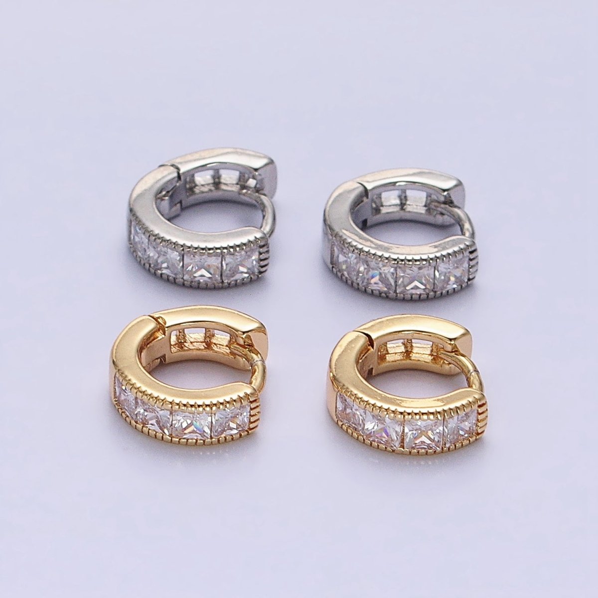 16K Gold Filled 9mm Clear Square CZ Cartilage Huggie Earrings in Gold & Silver | AB1449 AB1450