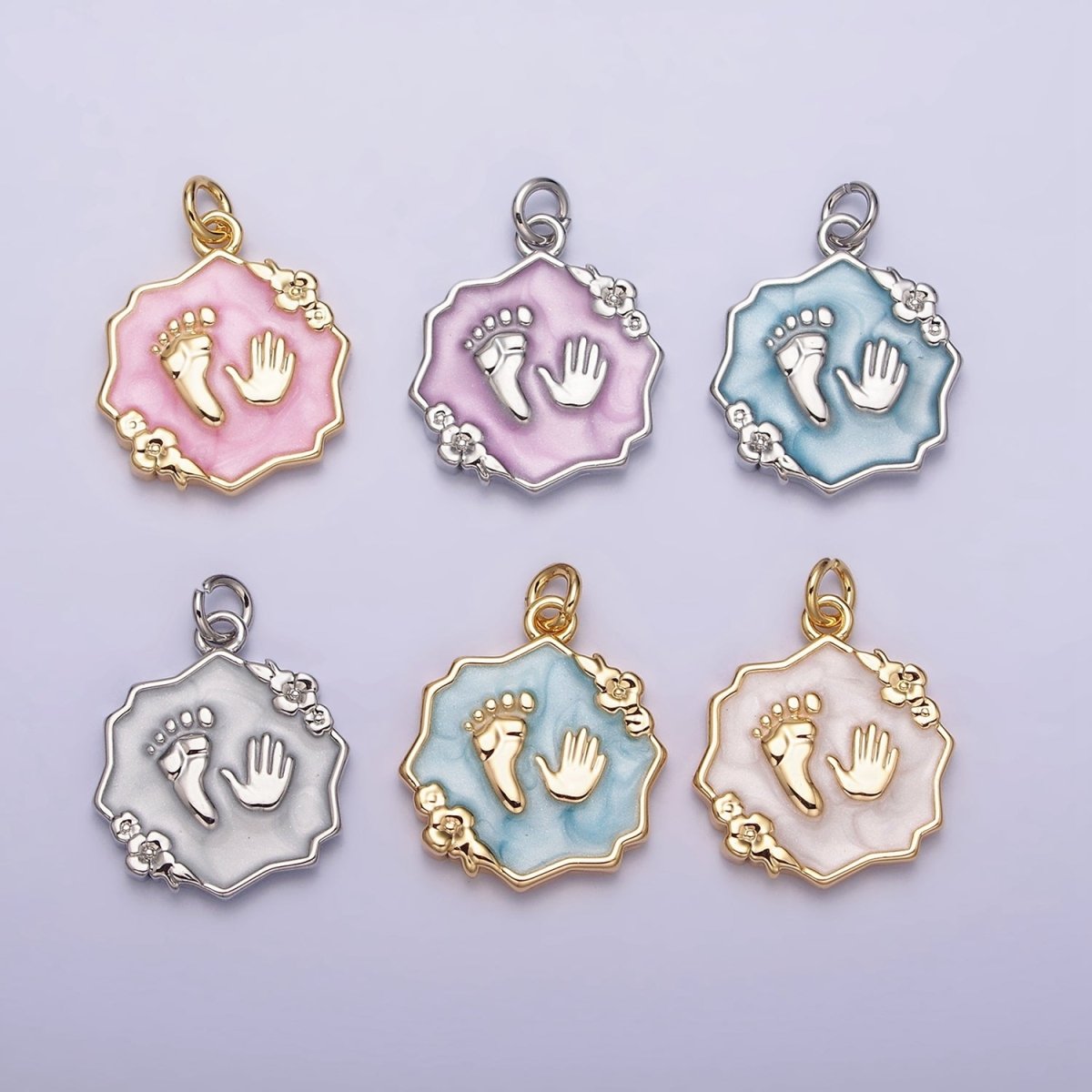 16K Gold Filled Baby Shower Hand & Feet White, Pink, Blue Sparkly Enamel Flower Charm | AC1111 - AC1116