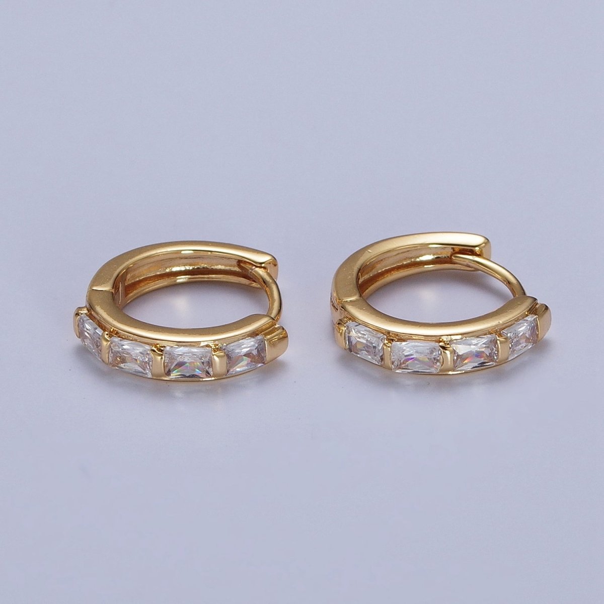 16K Gold Filled Baguette Cubic Zirconia Lined 13x14mm Huggie Hoops Earrings | X-843 - DLUXCA