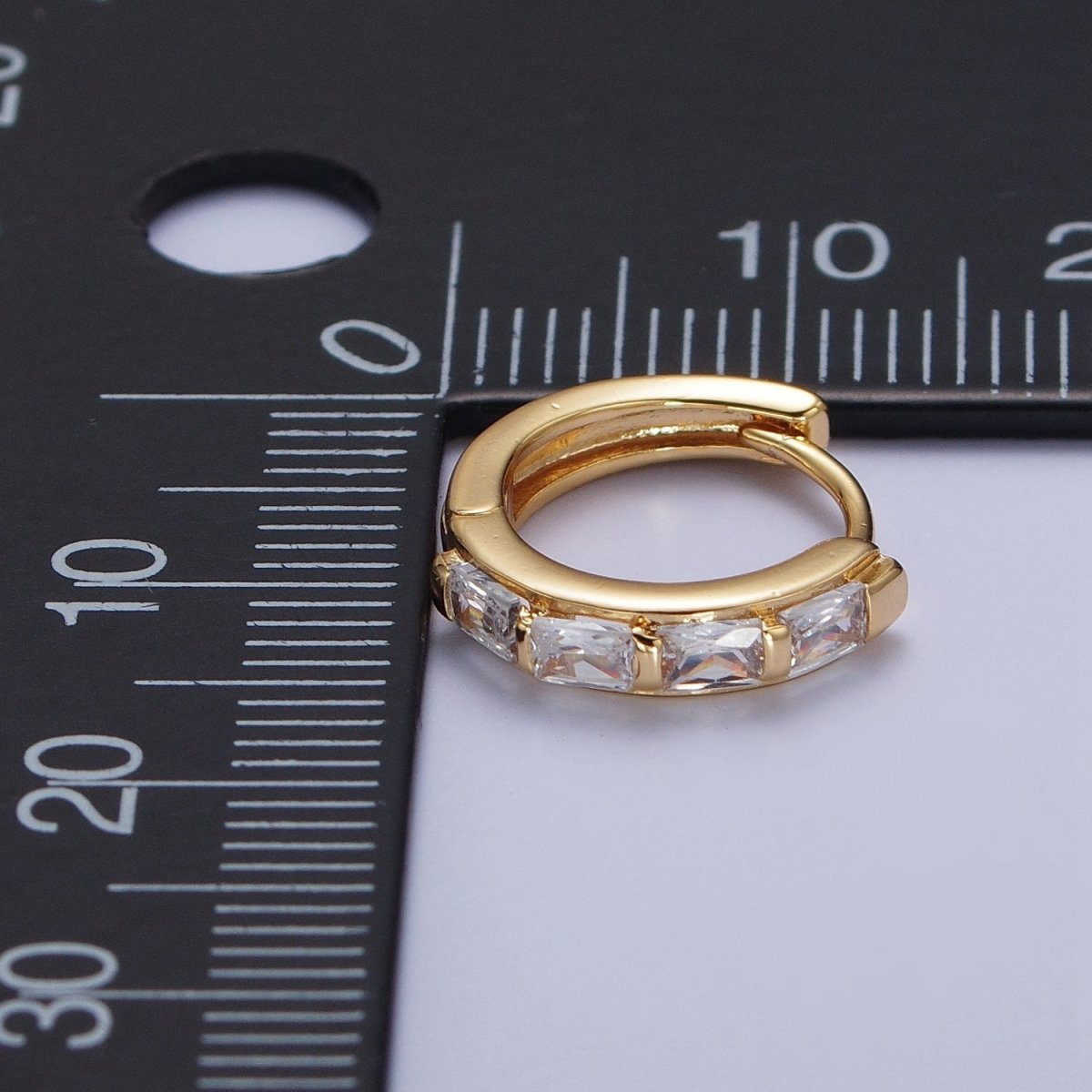 16K Gold Filled Baguette Cubic Zirconia Lined 13x14mm Huggie Hoops Earrings | X-843 - DLUXCA