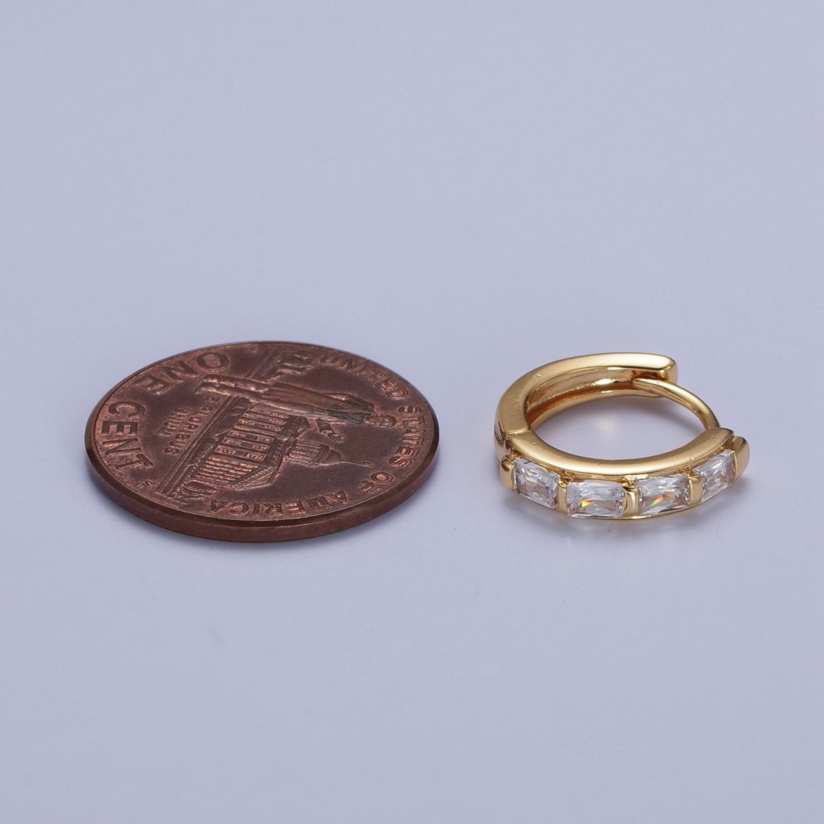 16K Gold Filled Baguette Cubic Zirconia Lined 13x14mm Huggie Hoops Earrings | X-843 - DLUXCA