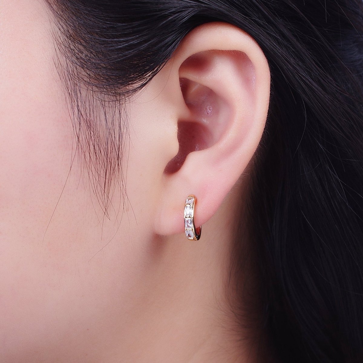 16K Gold Filled Baguette Cubic Zirconia Lined 13x14mm Huggie Hoops Earrings | X-843 - DLUXCA