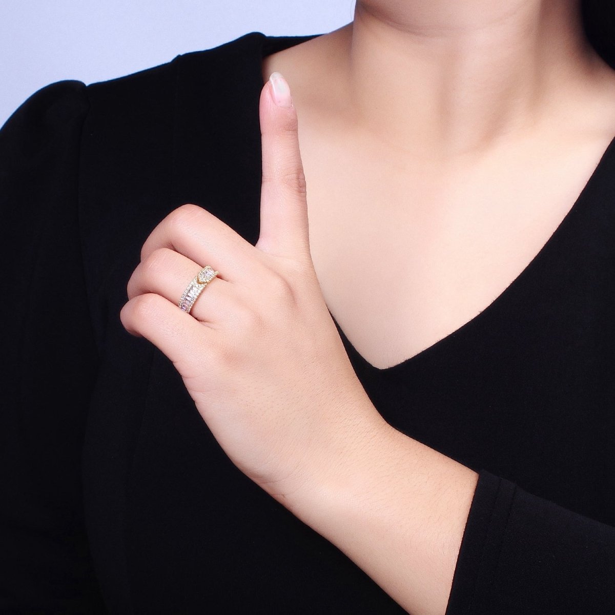 16K Gold Filled Baguette CZ Micro Paved Arrow Band Ring in Gold & Silver |  O-1921