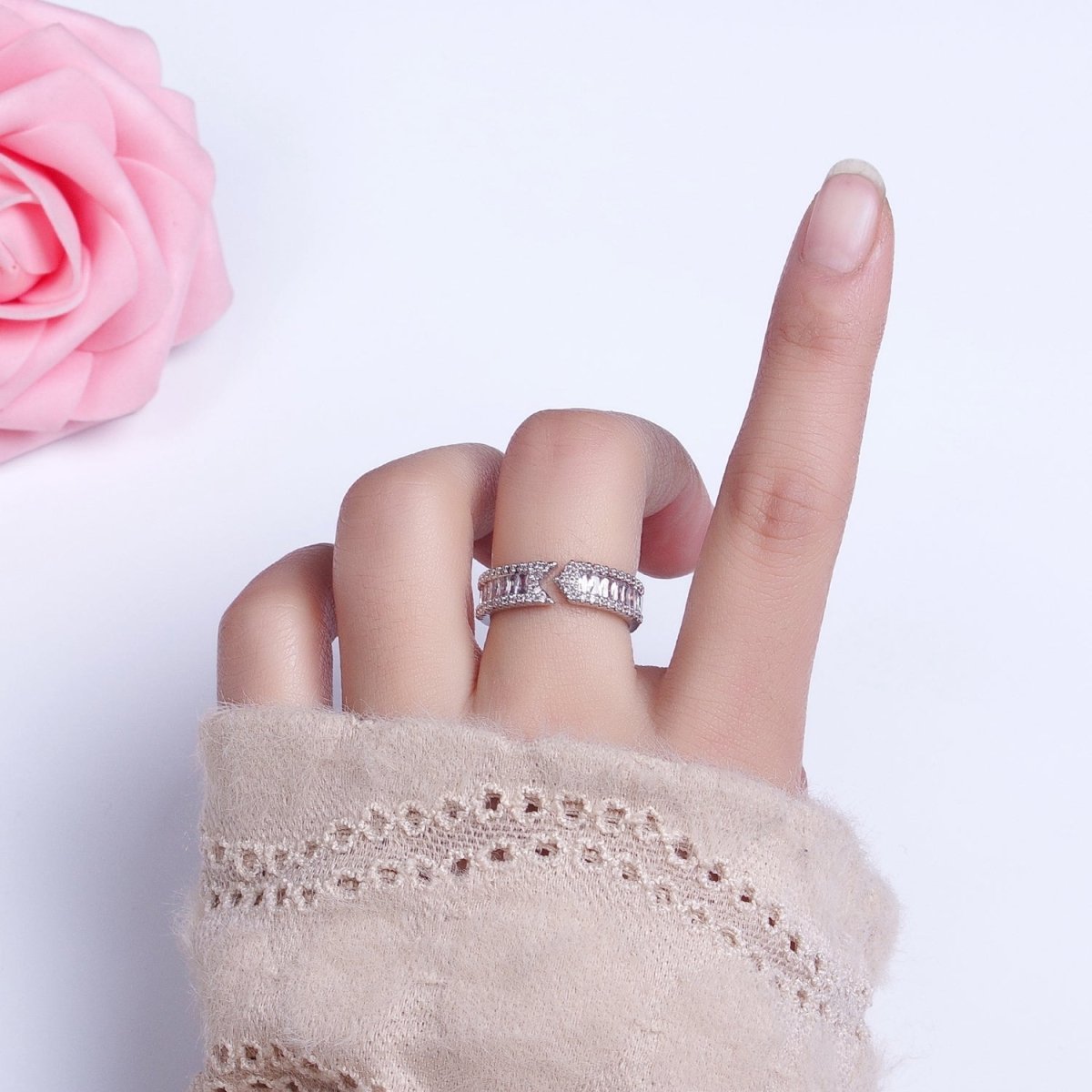 16K Gold Filled Baguette CZ Micro Paved Arrow Band Ring in Gold & Silver |  O-1921