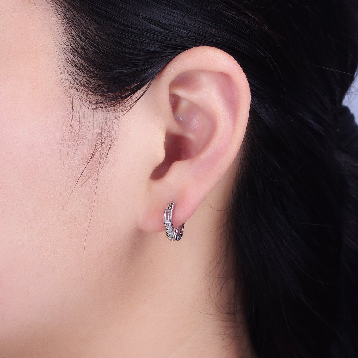 16K Gold Filled Baguette Paddy Wheat 14mm Huggie Earrings in Gold & Silver | AB1439 AB1440