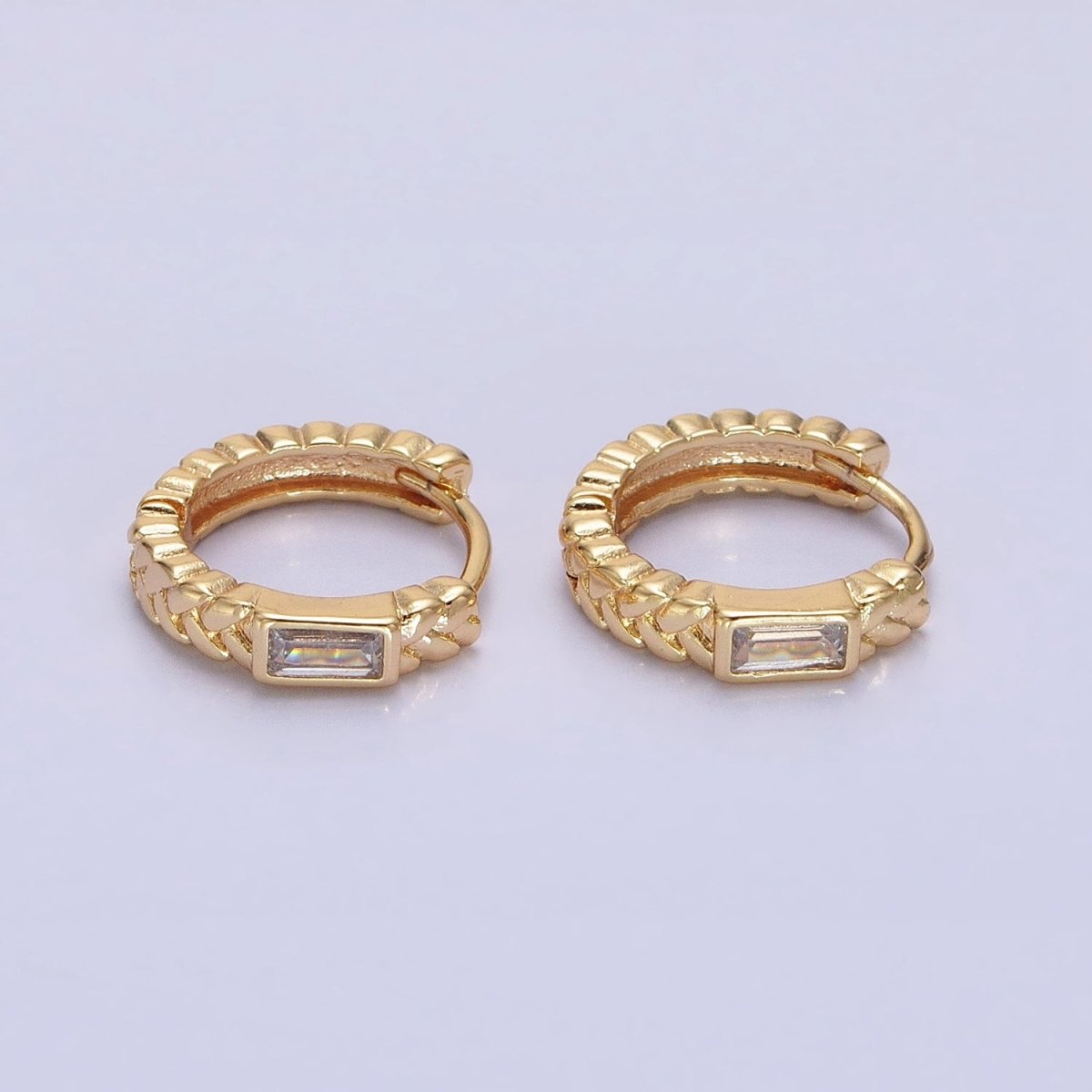 16K Gold Filled Baguette Paddy Wheat 14mm Huggie Earrings in Gold & Silver | AB1439 AB1440