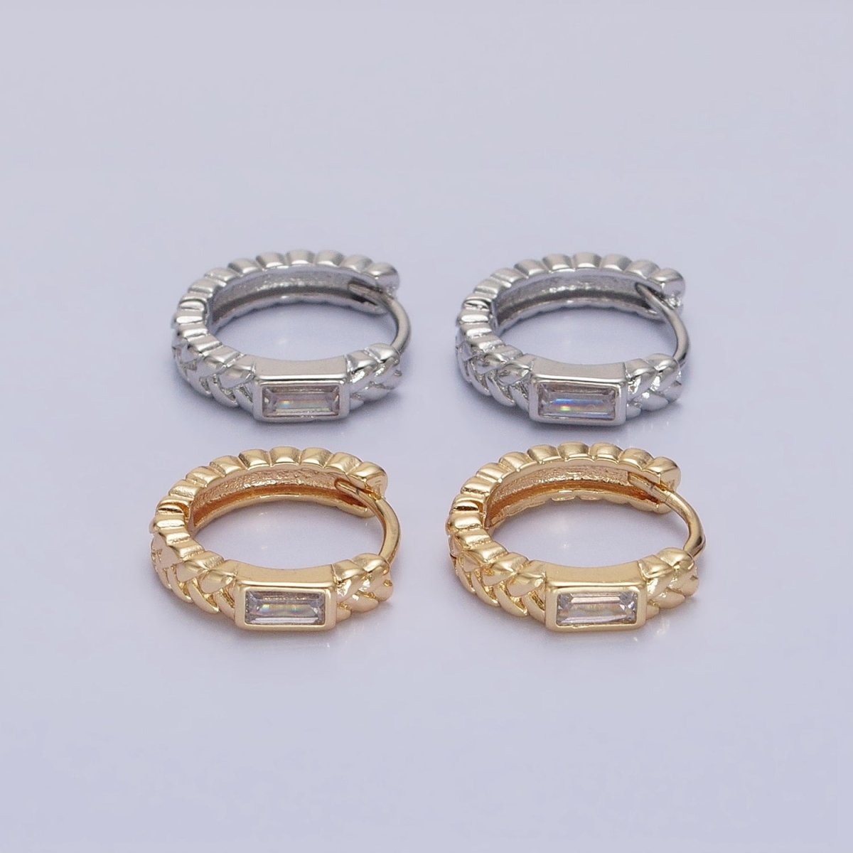 16K Gold Filled Baguette Paddy Wheat 14mm Huggie Earrings in Gold & Silver | AB1439 AB1440