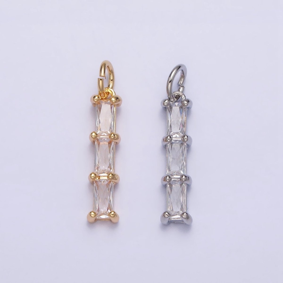 16K Gold Filled Bamboo Clear Baguette CZ Linear Lined Charm in Gold & Silver | AC1225 AC1226
