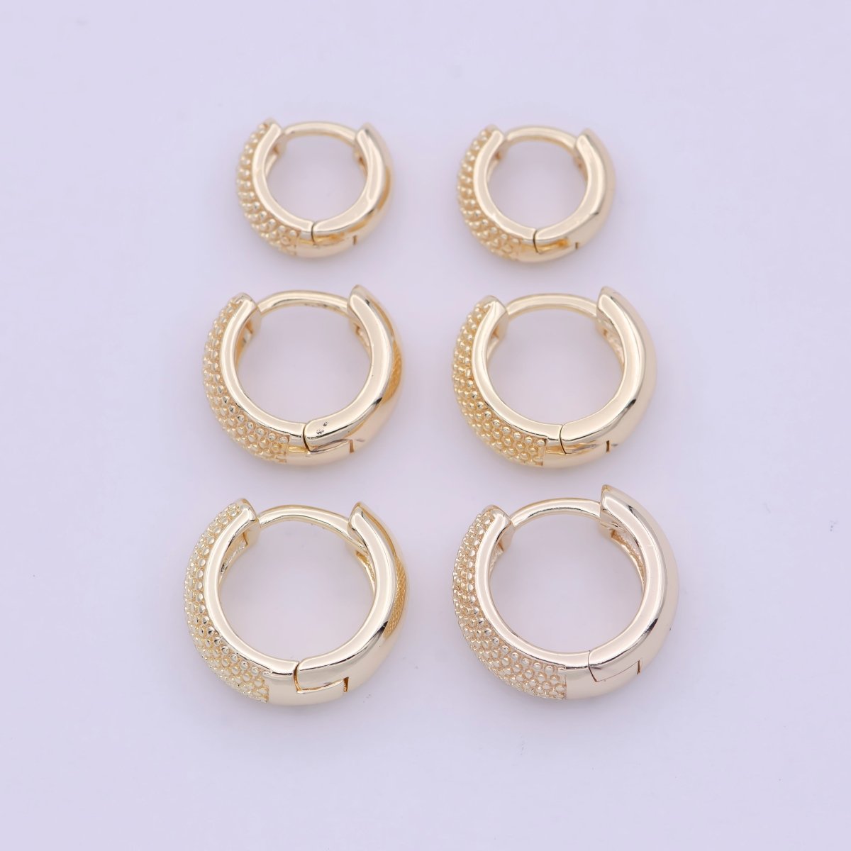 16K Gold Filled Bead Textured 10mm, 13mm, 14mm Hoop Huggie Earring T-265 ~ T-267