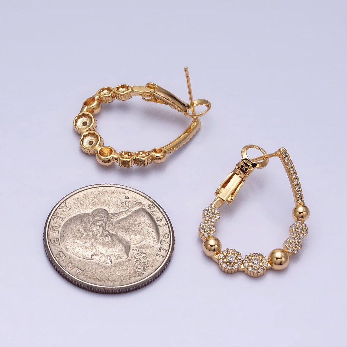 16K Gold Filled Beaded Bubble Rounded Micro Paved CZ Teardrop Front-Facing Hinge Hoop Earrings in Gold & Silver | AD905 AD906