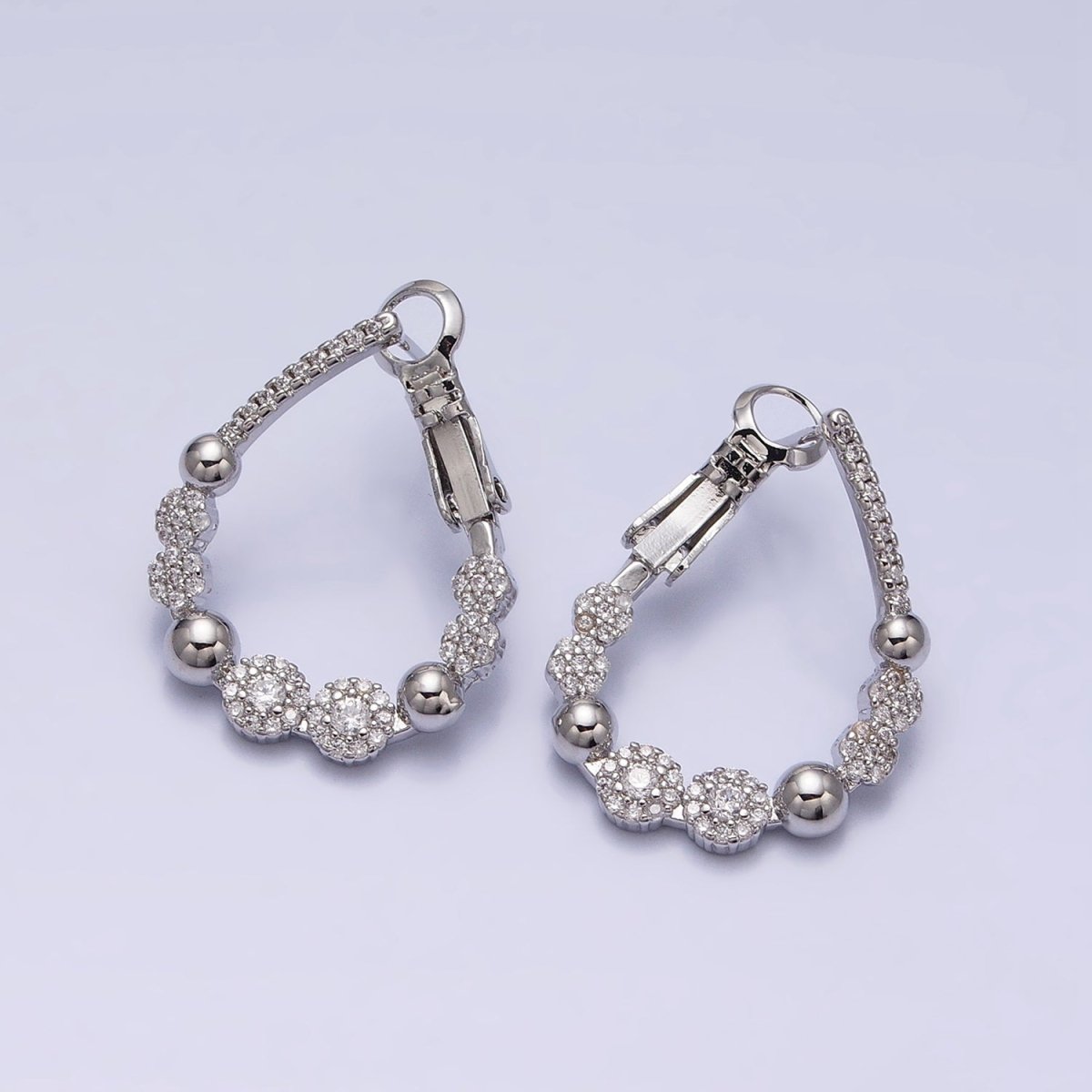 16K Gold Filled Beaded Bubble Rounded Micro Paved CZ Teardrop Front-Facing Hinge Hoop Earrings in Gold & Silver | AD905 AD906