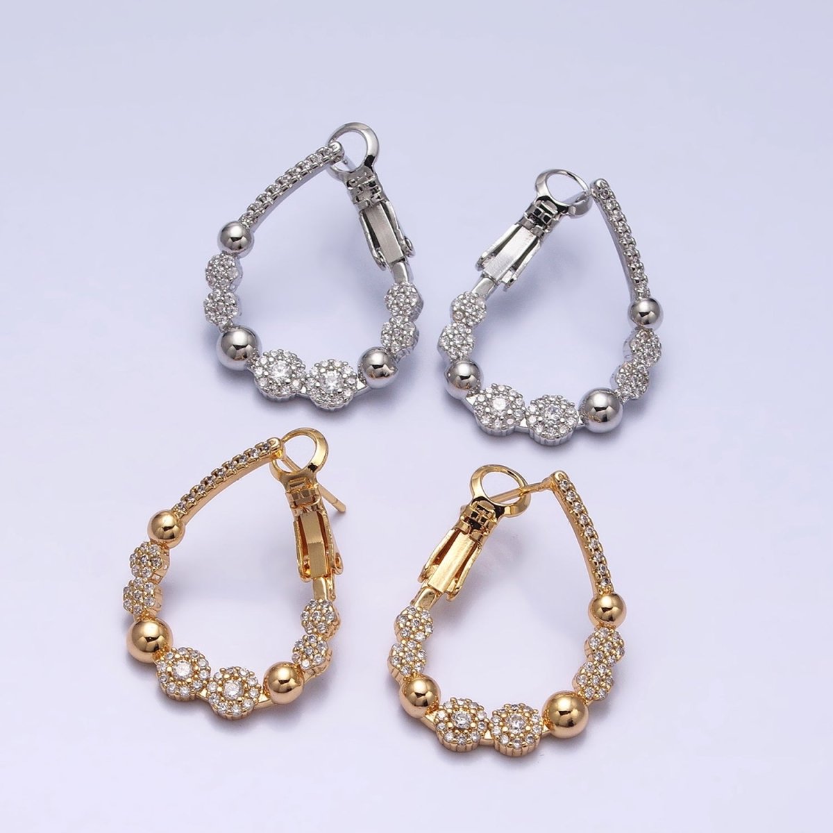 16K Gold Filled Beaded Bubble Rounded Micro Paved CZ Teardrop Front-Facing Hinge Hoop Earrings in Gold & Silver | AD905 AD906