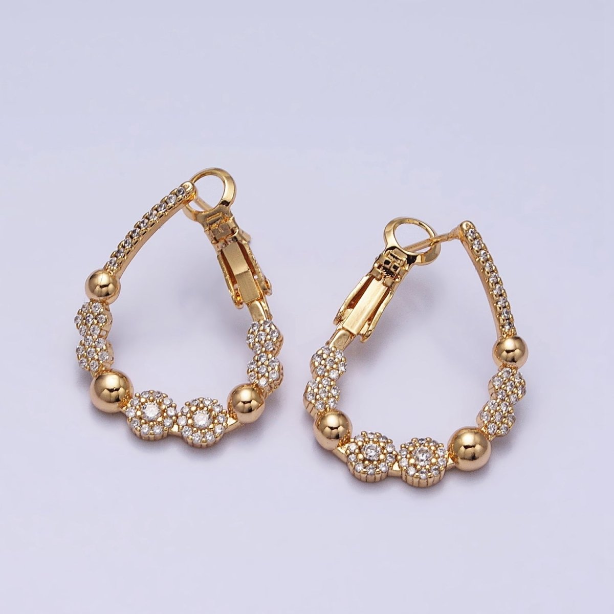 16K Gold Filled Beaded Bubble Rounded Micro Paved CZ Teardrop Front-Facing Hinge Hoop Earrings in Gold & Silver | AD905 AD906