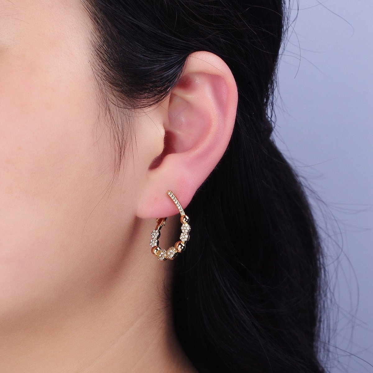 16K Gold Filled Beaded Bubble Rounded Micro Paved CZ Teardrop Front-Facing Hinge Hoop Earrings in Gold & Silver | AD905 AD906