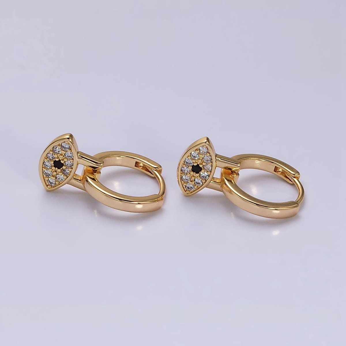 16K Gold Filled Black Evil Eye Micro Paved Drop Huggie Earrings in Gold & Silver | AD1265 AD1266