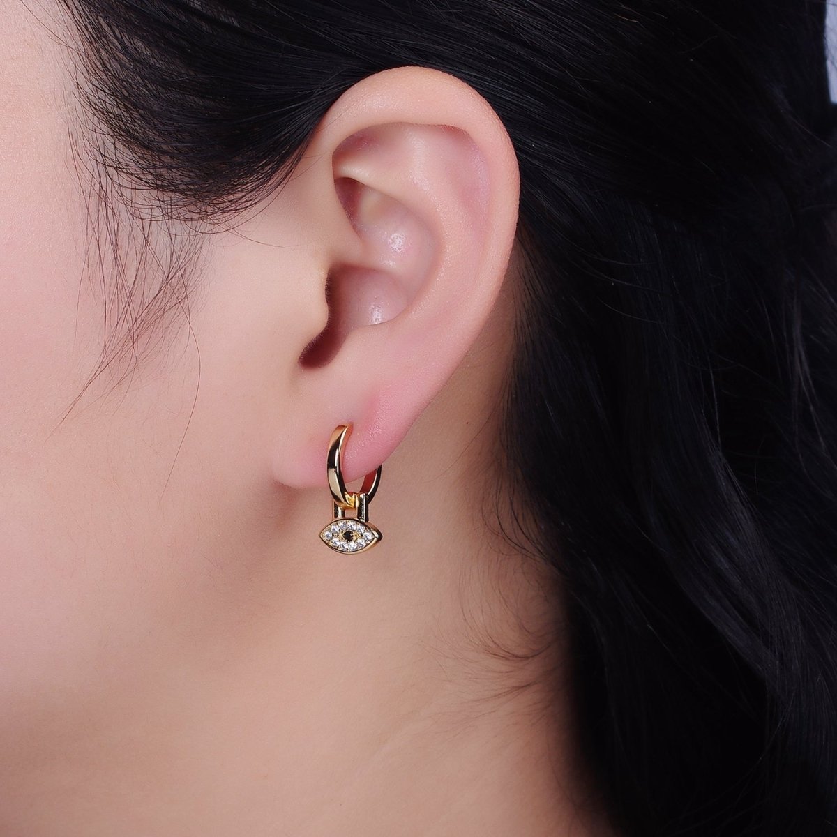 16K Gold Filled Black Evil Eye Micro Paved Drop Huggie Earrings in Gold & Silver | AD1265 AD1266