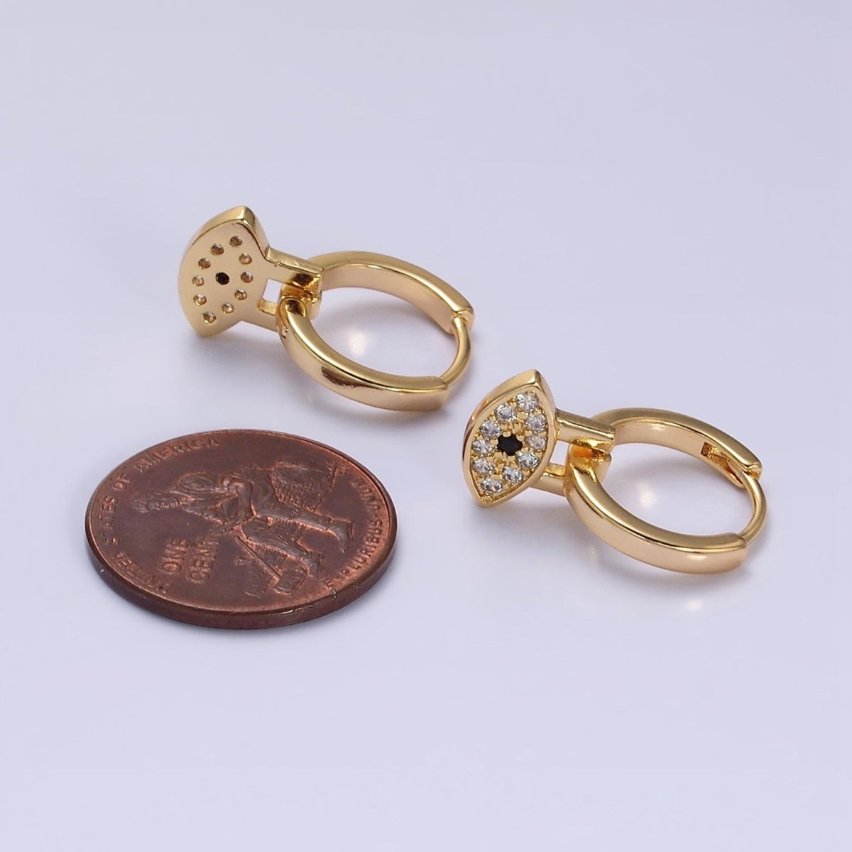16K Gold Filled Black Evil Eye Micro Paved Drop Huggie Earrings in Gold & Silver | AD1265 AD1266