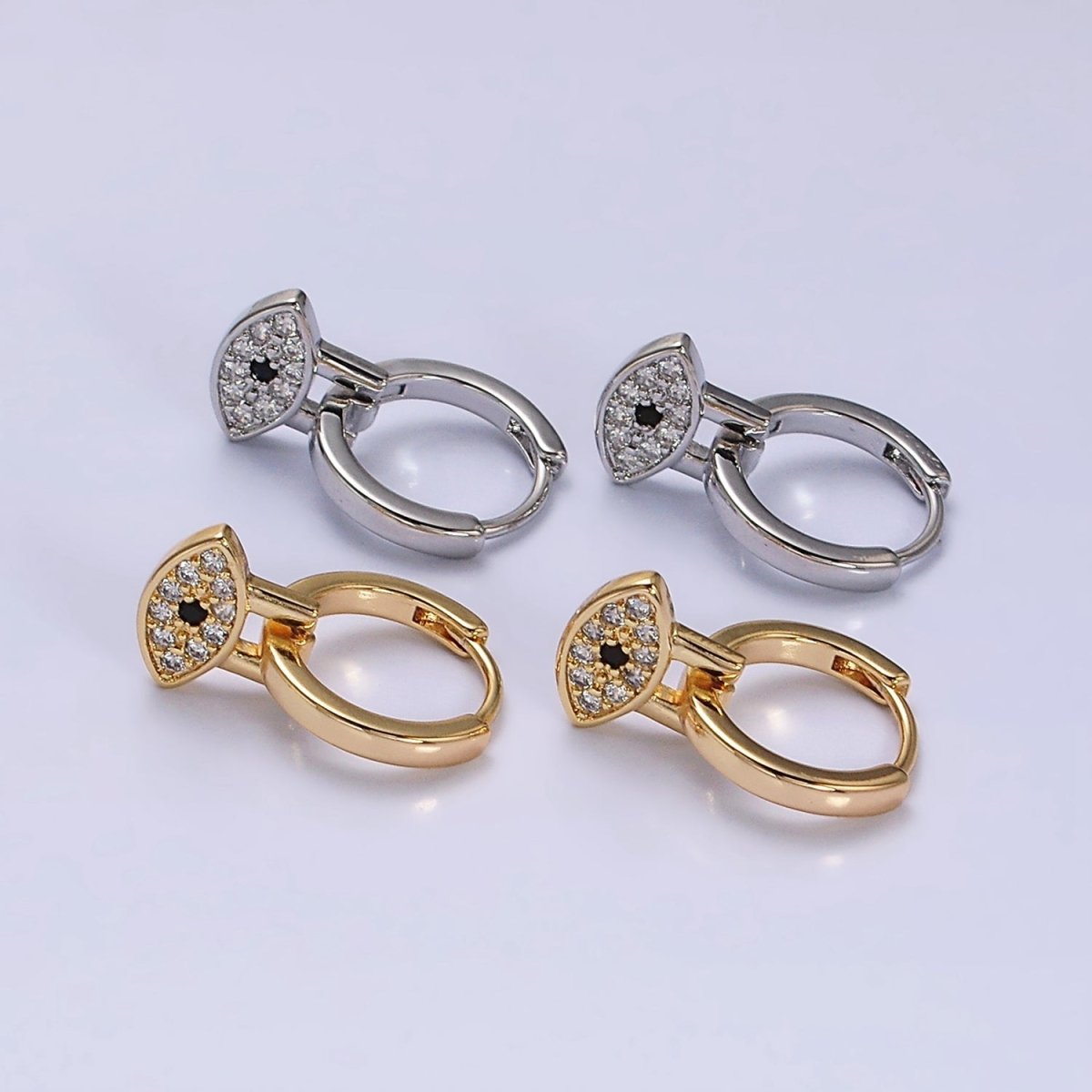 16K Gold Filled Black Evil Eye Micro Paved Drop Huggie Earrings in Gold & Silver | AD1265 AD1266