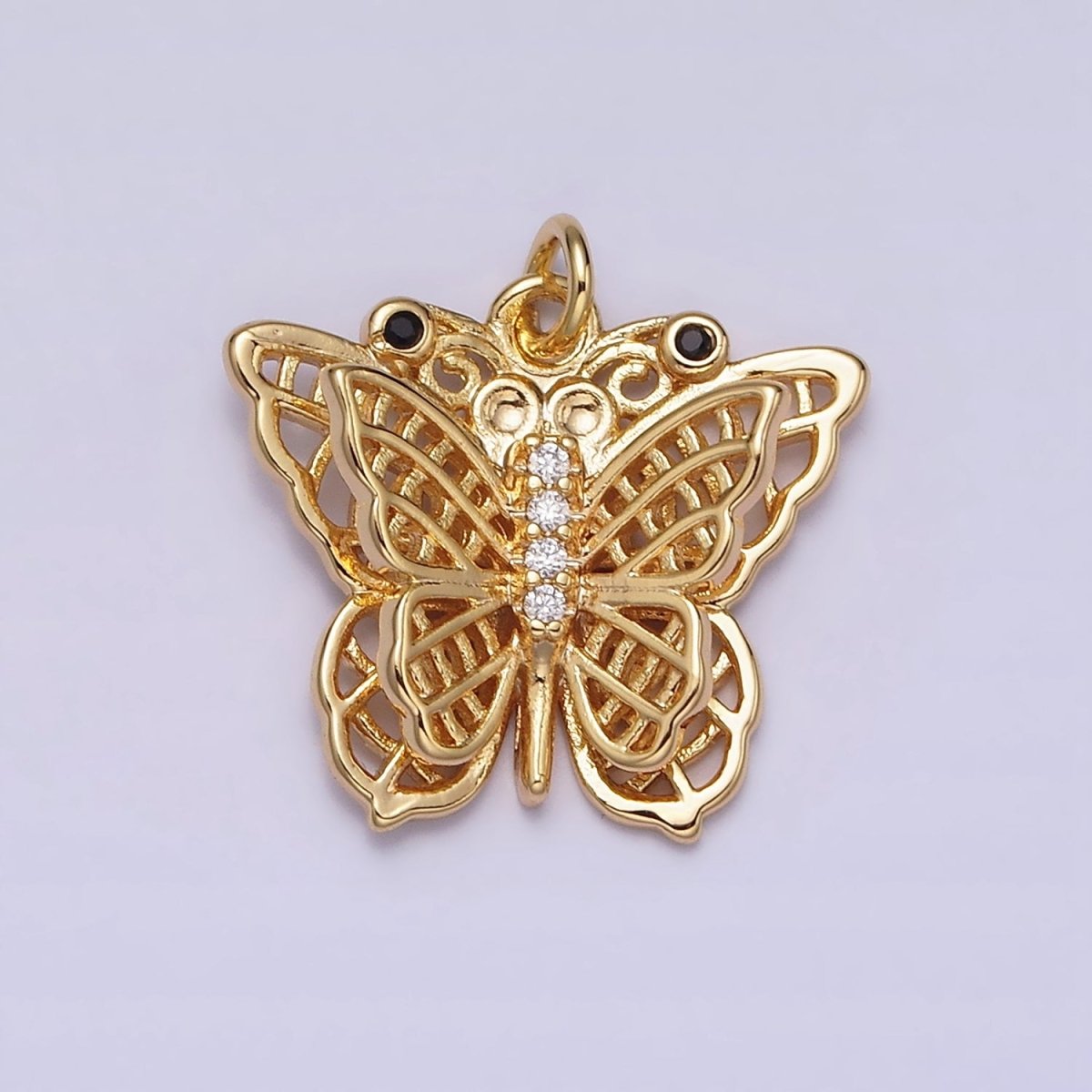 16K Gold Filled Black-Eyed CZ Double Filigree Butterfly Wings Micro Paved Charm in Gold & Silver | AC1292 AC1293
