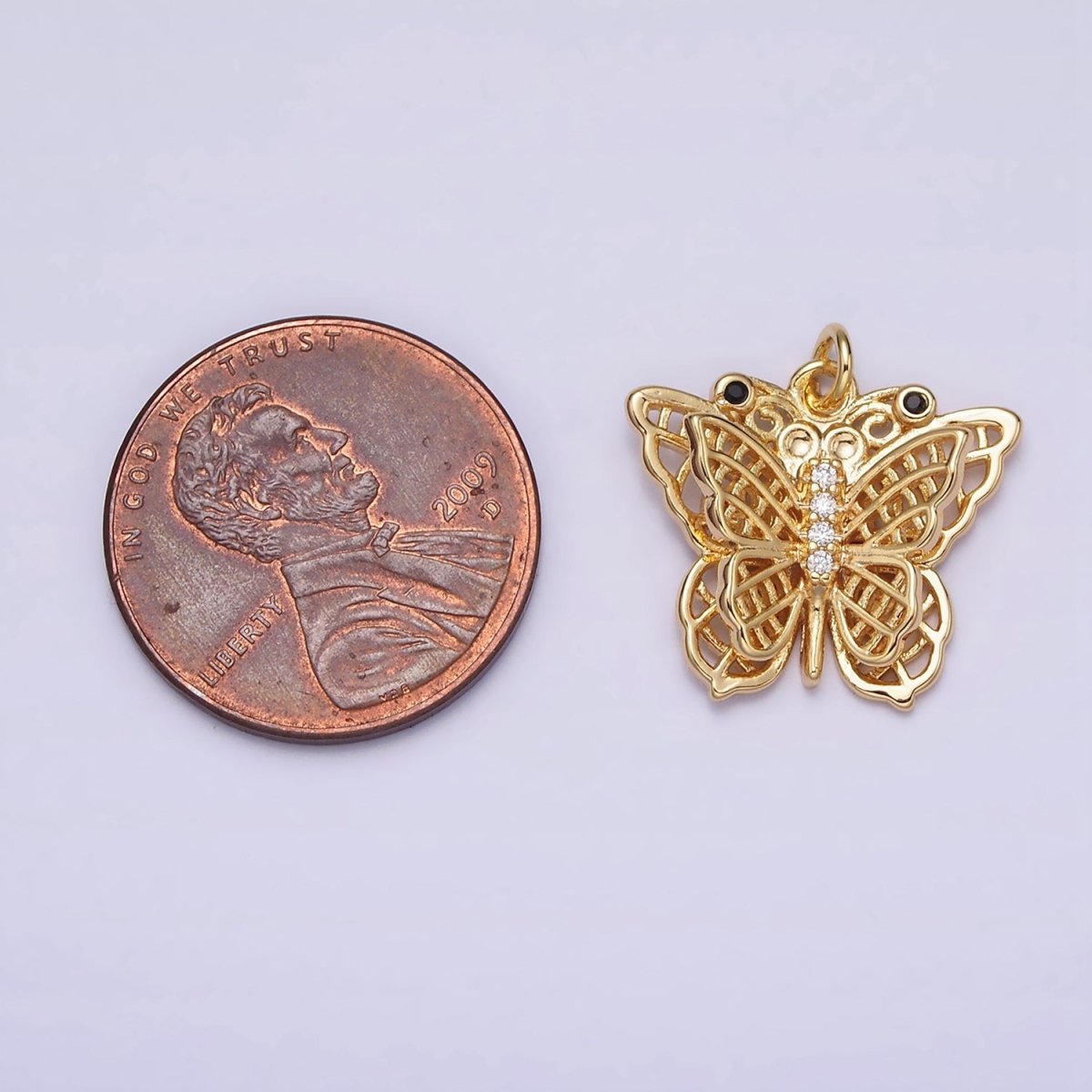 16K Gold Filled Black-Eyed CZ Double Filigree Butterfly Wings Micro Paved Charm in Gold & Silver | AC1292 AC1293