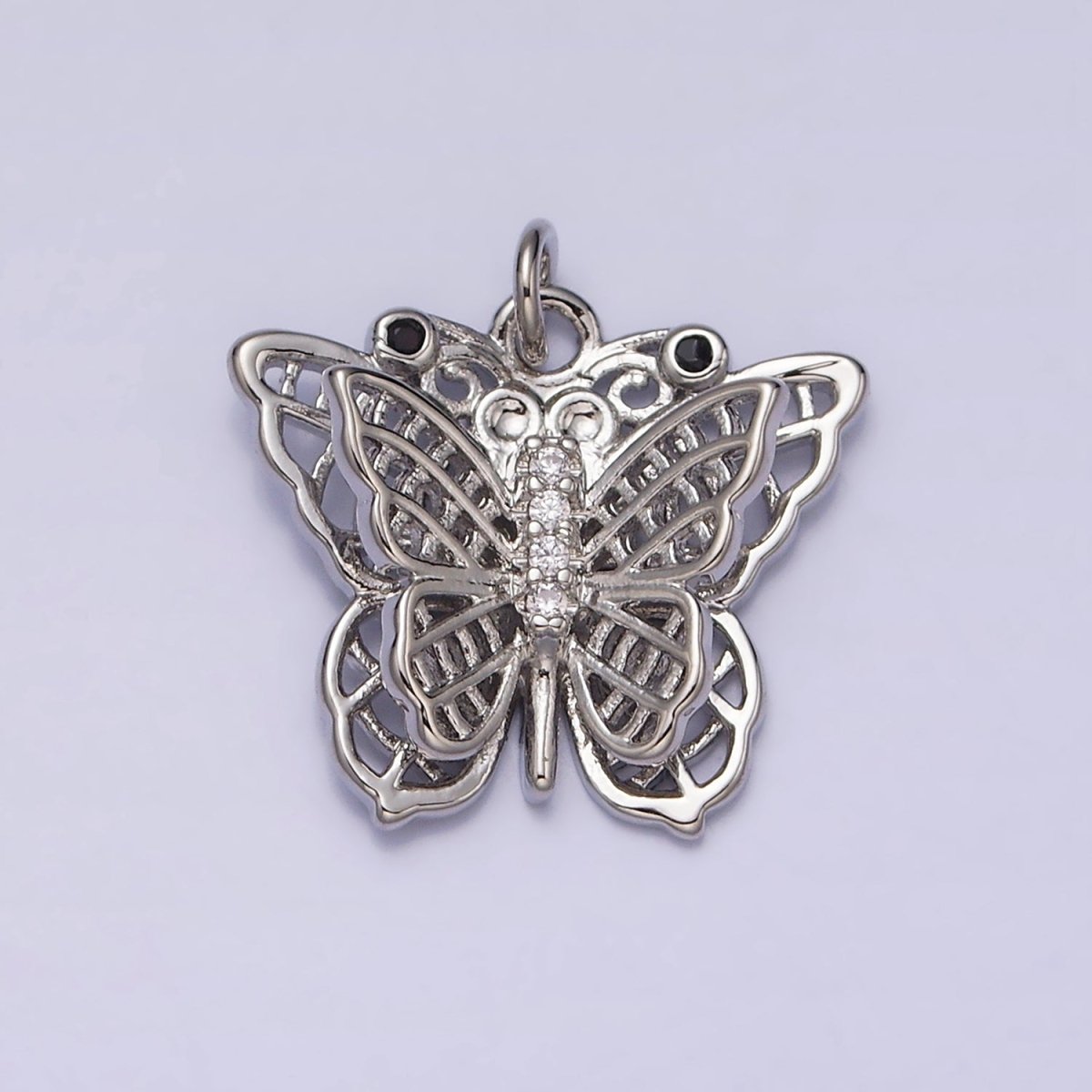16K Gold Filled Black-Eyed CZ Double Filigree Butterfly Wings Micro Paved Charm in Gold & Silver | AC1292 AC1293