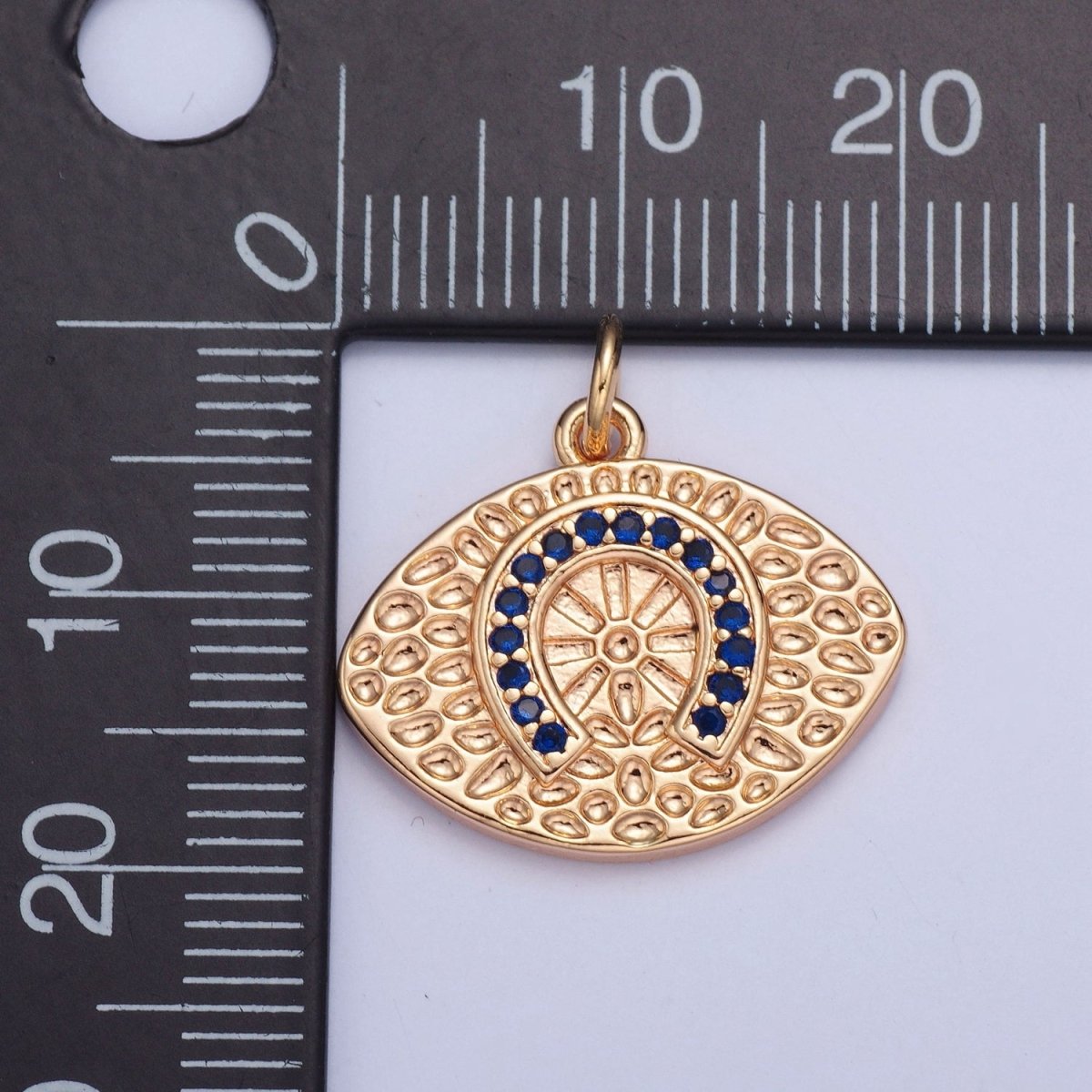 16K Gold Filled Blue CZ Horseshoe Evil Eye Hammered Luck Protection Charm | W-312 - DLUXCA