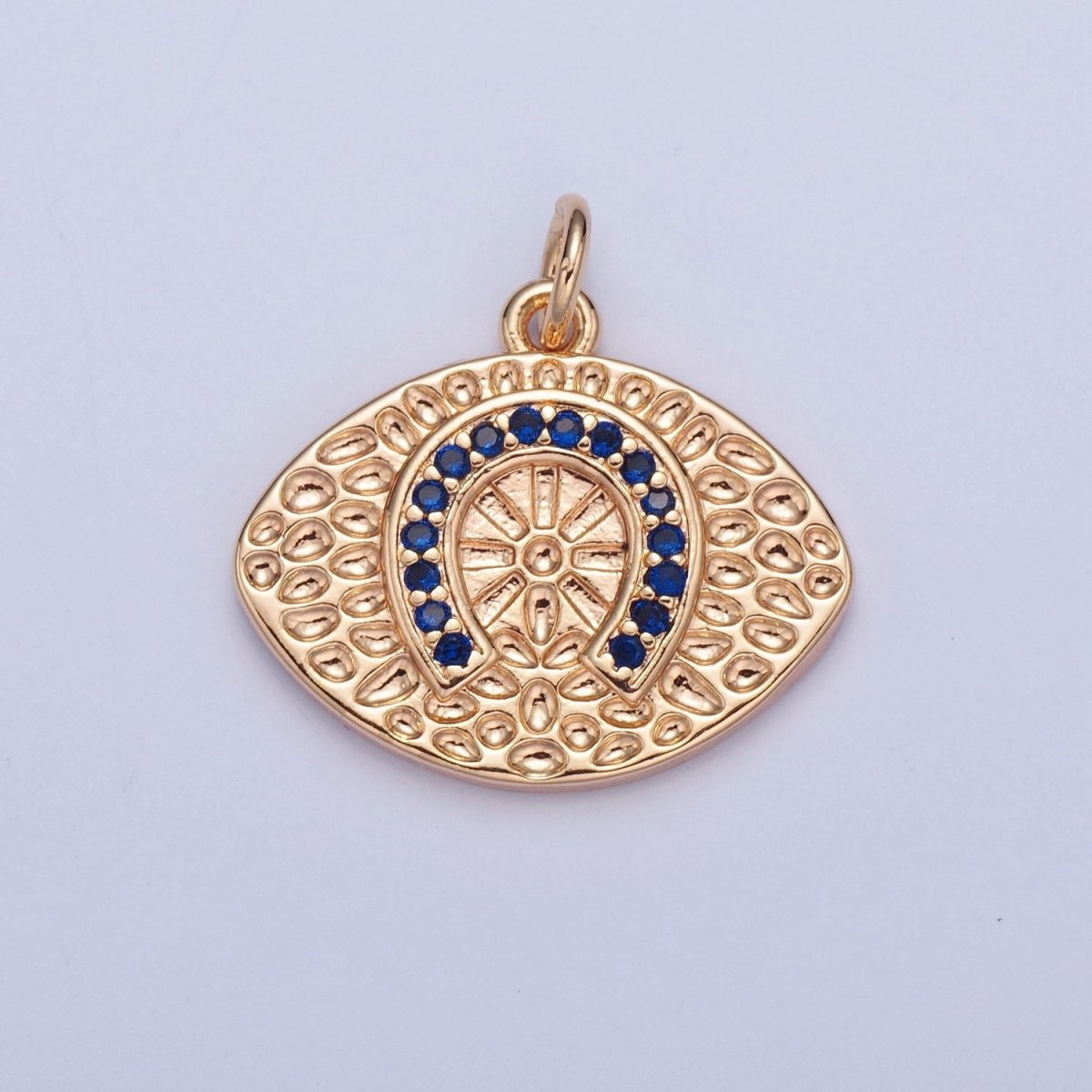 16K Gold Filled Blue CZ Horseshoe Evil Eye Hammered Luck Protection Charm | W-312 - DLUXCA