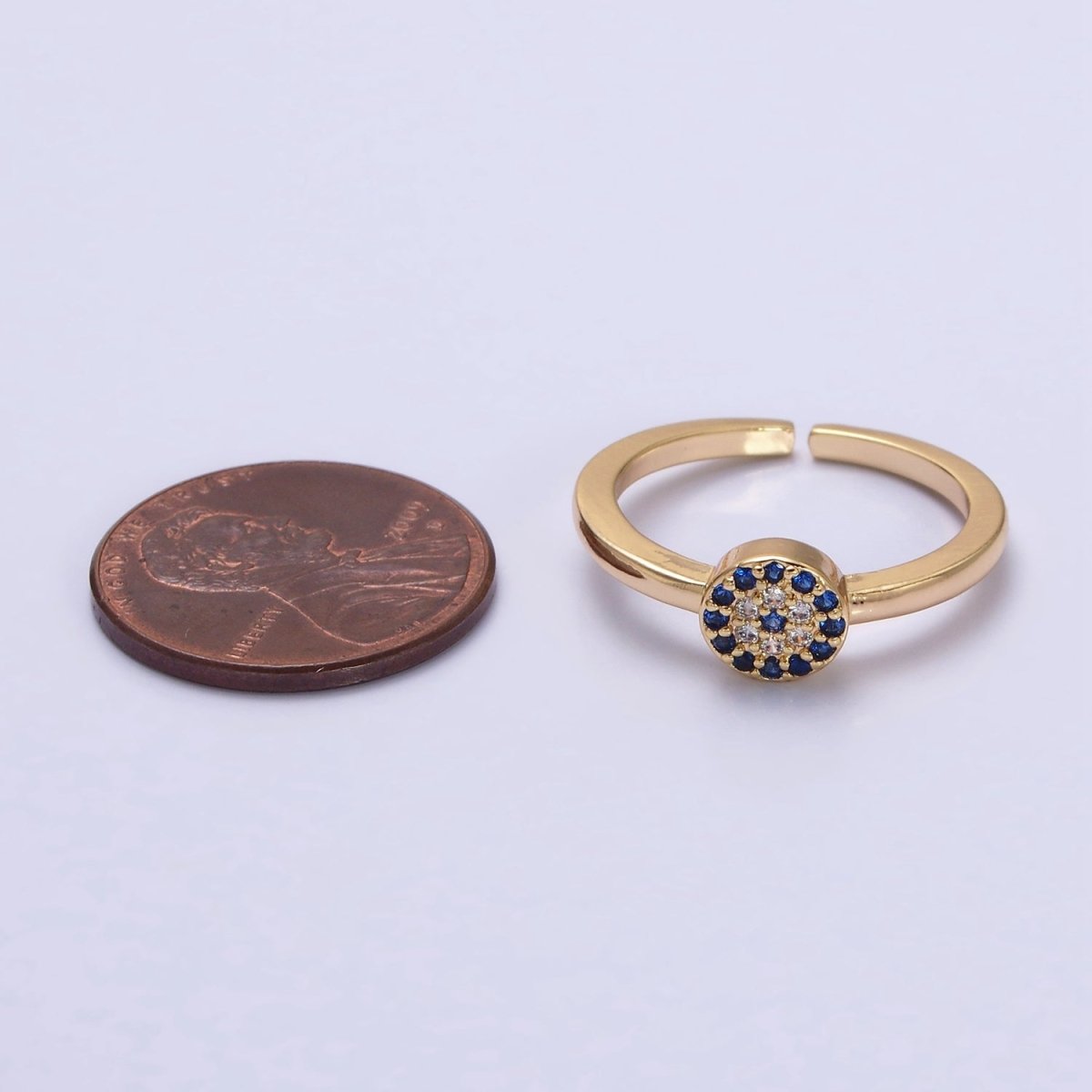 16K Gold Filled Blue Micro Paved CZ Round Evil Eye Adjustable Ring in Gold & Silver | O-1627 O-1628