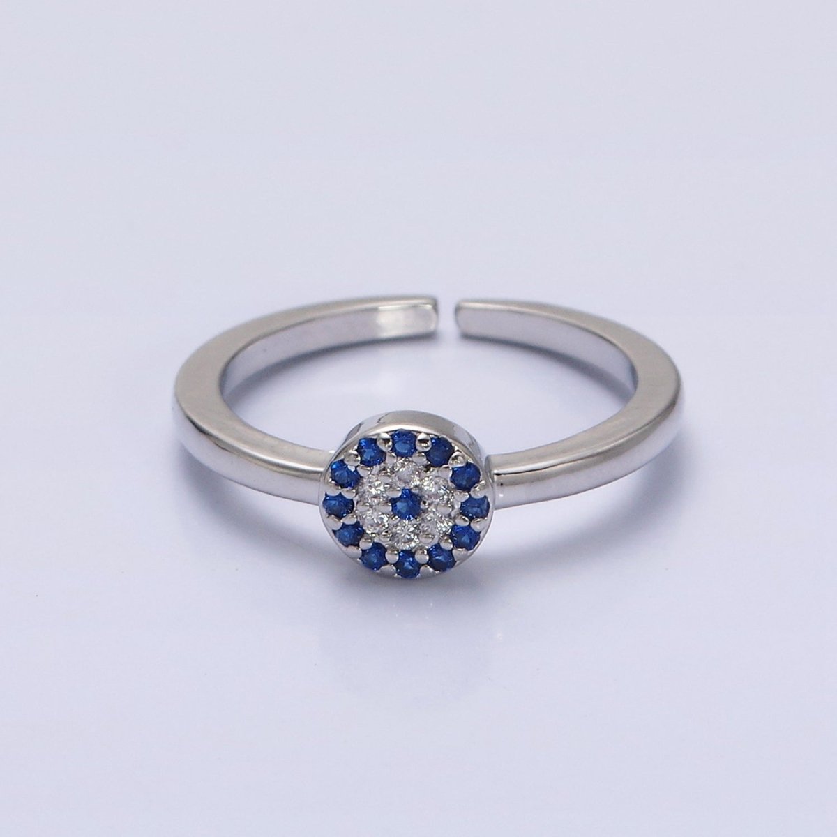 16K Gold Filled Blue Micro Paved CZ Round Evil Eye Adjustable Ring in Gold & Silver | O-1627 O-1628