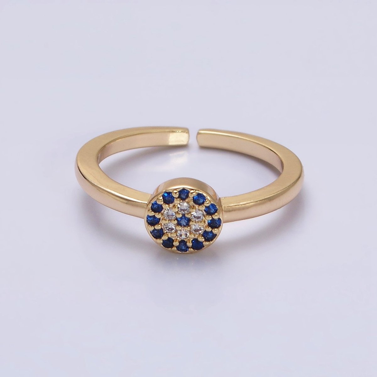 16K Gold Filled Blue Micro Paved CZ Round Evil Eye Adjustable Ring in Gold & Silver | O-1627 O-1628